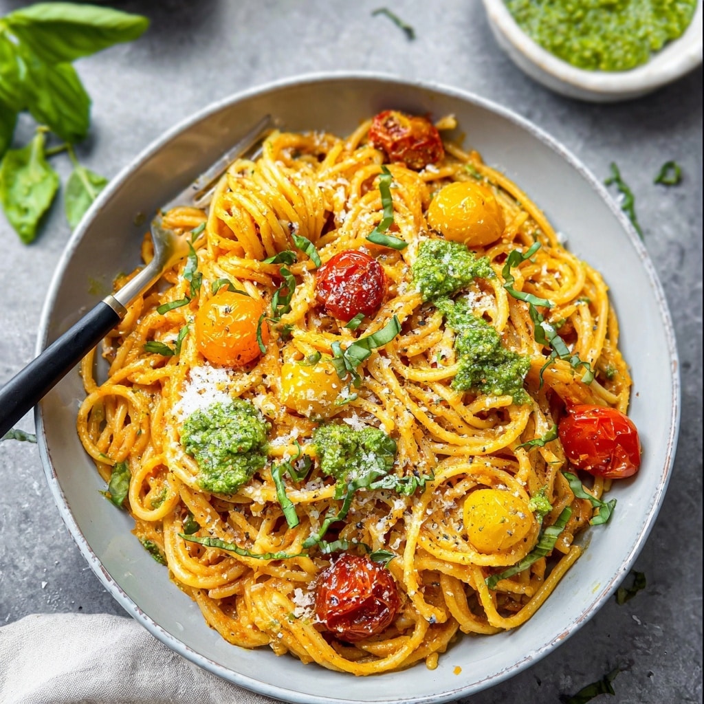 Pesto Roasted Cherry Tomato Pasta Recipe - Recipe Image