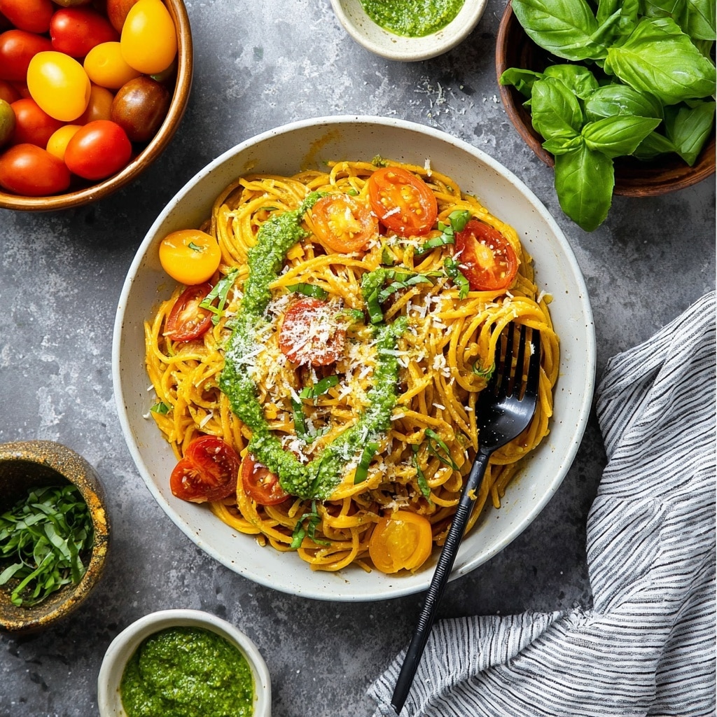 Pesto Roasted Cherry Tomato Pasta Recipe - Recipe Image