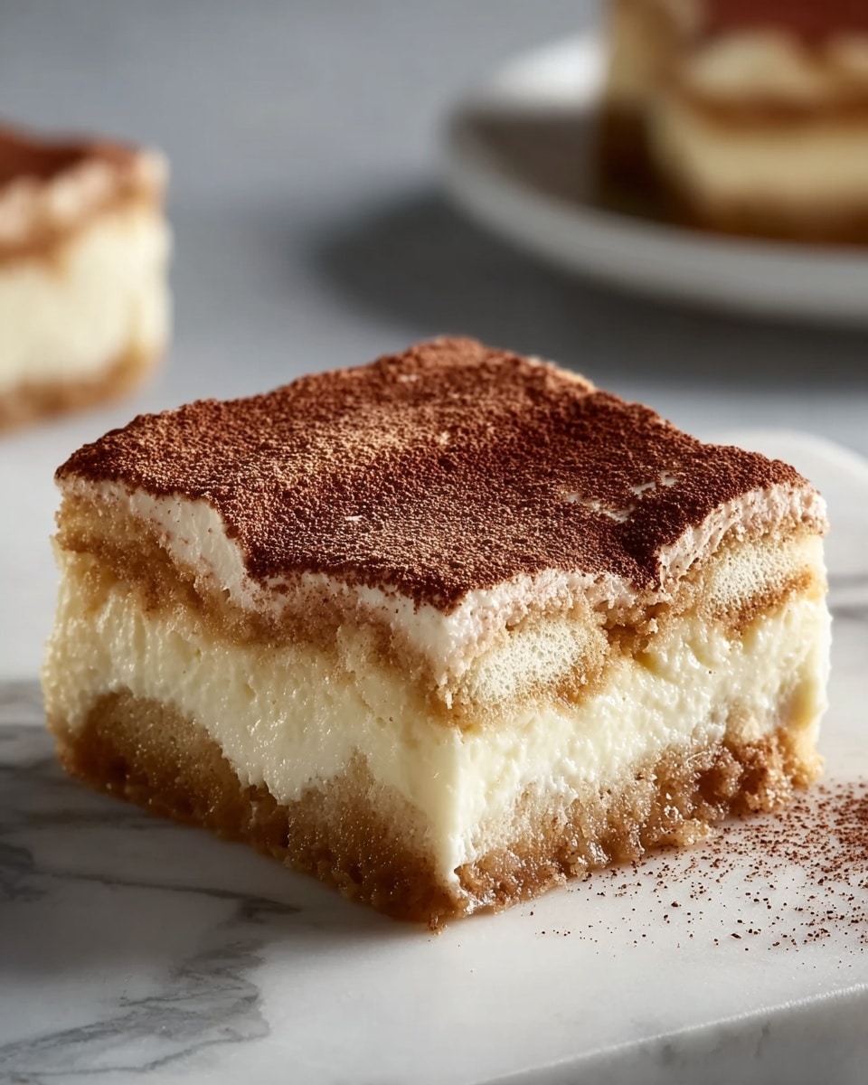 The image shows a single square piece of tiramisu on a white marbled surface. It has three visible layers: the bottom layer is a light brown, soft cake soaked in coffee syrup; the middle layer is a thick, creamy white mascarpone cheese filling; the top layer is a slightly wrinkled, light beige cream dusted with a fine layer of dark brown cocoa powder. The edges are soft, and the surface has small uneven peaks with cocoa powder settled in the dips. In the background, there is a blurred white plate with more pieces. Photo taken with an iphone --ar 4:5 --v 7