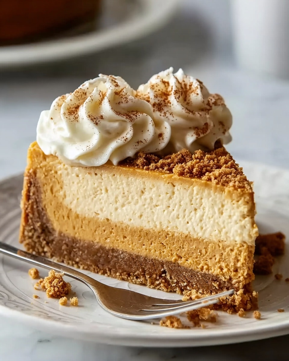 A slice of creamy pumpkin cheesecake is placed on a white plate with a subtle pattern, sitting on a white marbled surface. The cheesecake has two clear layers: a thick, dense golden-brown graham cracker crust at the bottom and a smooth, light orange pumpkin filling above it. On top, there is a generous swirl of white whipped cream sprinkled with cinnamon, along with small crumbles of crust around the edges. A silver fork rests on the plate near the slice. Photo taken with an iphone --ar 4:5 --v 7