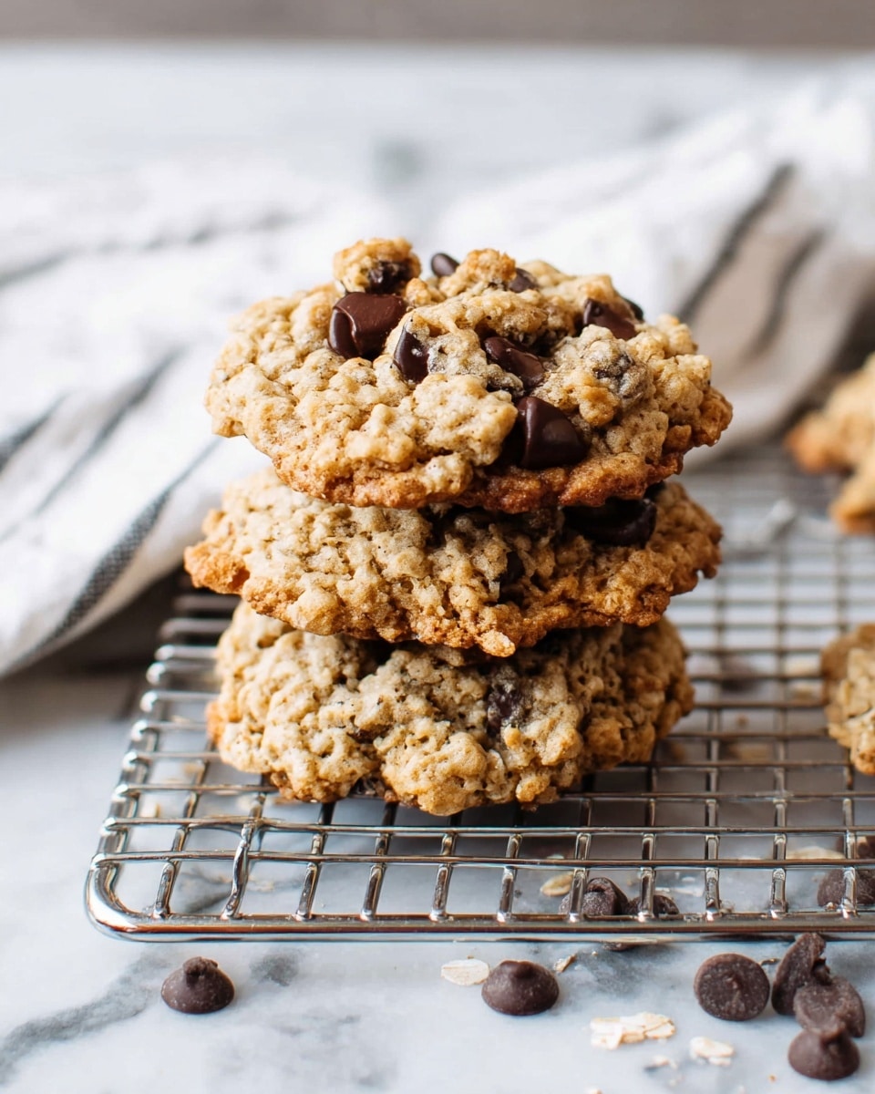 A stack of three chunky oatmeal chocolate chip cookies is placed on a small metal cooling rack. The cookies are golden brown with visible oats and melting dark chocolate chips embedded throughout, giving a rough and crumbly texture. Around the rack, some more dark chocolate chips are scattered. The cooling rack is set on a white marbled surface with a white and black striped cloth partially visible in the upper left corner. photo taken with an iphone --ar 4:5 --v 7