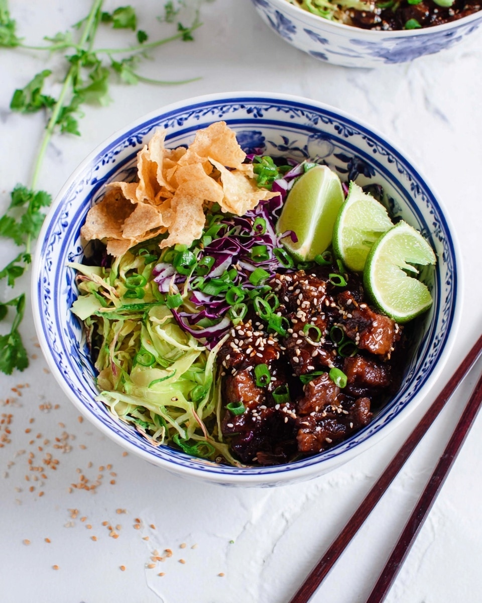 A white bowl with blue floral patterns holds a layered dish starting with thin crispy light brown chips resting against one side, followed by a fresh mix of shredded green and purple vegetables with an uneven texture. On top, there are small pieces of dark brown glazed meat sprinkled with both black and white sesame seeds. A couple of bright green lime wedges sit next to the meat. The bowl is placed on a white marbled surface with a pair of dark wooden chopsticks lying beside it and some green herb sprigs and scattered sesame seeds nearby. photo taken with an iphone --ar 4:5 --v 7