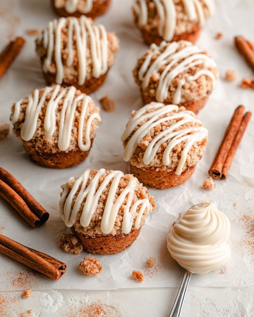 The image shows a group of small round cupcakes arranged on white parchment paper over a white marbled surface. Each cupcake has two main layers: the bottom layer is a soft brown cake, topped with a crumbly light tan streusel layer. On top, thick white icing is drizzled in curved lines, giving a creamy texture contrast to the crumbly streusel. Around the cupcakes, there are several cinnamon sticks with a rough brown texture and a silver spoon holding a smooth swirl of white frosting on the right side. The overall look is warm and inviting with a mix of crumbly, smooth, and soft textures. Photo taken with an iphone --ar 4:5 --v 7