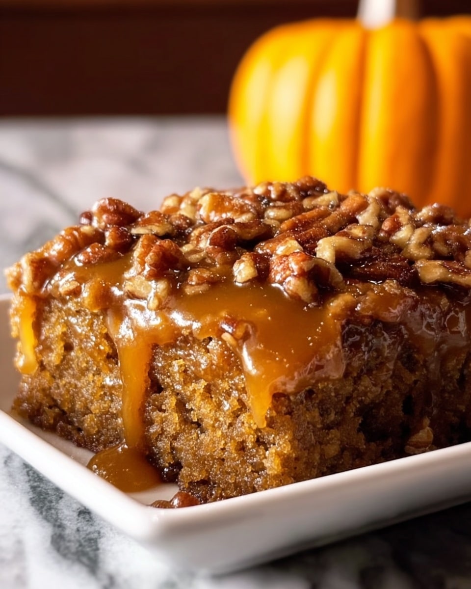 A close-up view of a square dessert in a white dish, featuring two main layers. The bottom layer is a moist, brown cake with a slightly crumbly texture. The top layer is a thick, shiny caramel glaze mixed with lots of pecan pieces, which look crunchy and are spread all over. The caramel glaze drips slightly down the sides of the cake. In the blurred background, there is a small pumpkin on a white marbled surface. photo taken with an iphone --ar 4:5 --v 7
