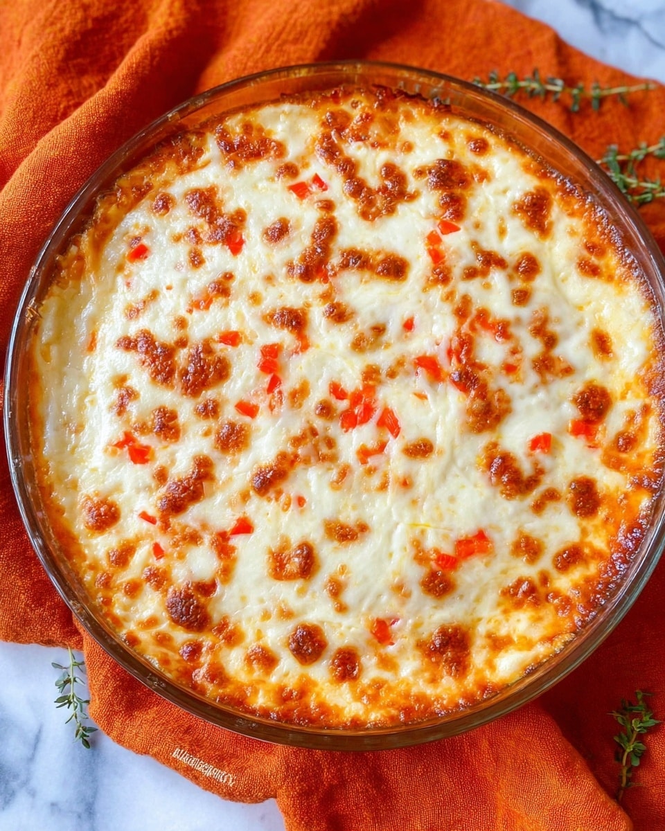 A round glass baking dish holds a baked dish with a thick, bubbly, golden-brown cheese layer on top, spotted with small, scattered pieces of red bell pepper. The melted cheese has a slightly browned, crispy texture in places and a creamy white color in others. The dish sits on an orange cloth on a white marbled surface, with some small green herb sprigs nearby. photo taken with an iphone --ar 4:5 --v 7