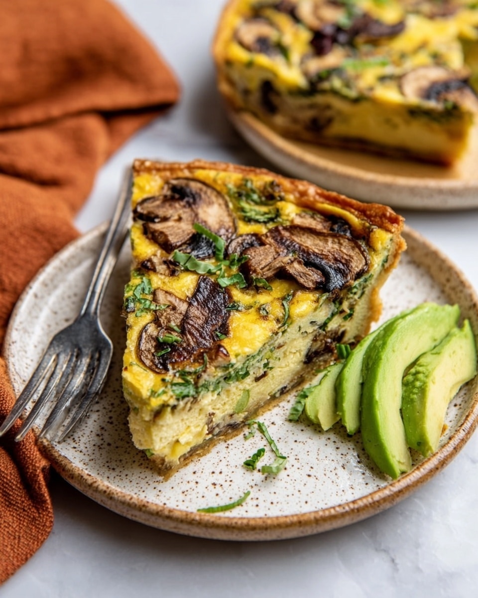 A slice of thick, golden-brown quiche sits on a white plate with speckled details, showing three clear layers: a crispy, browned crust at the bottom, a creamy, yellow egg filling with green herbs mixed in the middle, and large, browned mushroom slices on top. The quiche slice is accompanied by fresh, bright green avocado slices on the side. A silver fork lies next to the quiche on the plate. The background is a white marbled surface with a piece of quiche and a burnt orange cloth slightly out of focus. photo taken with an iphone --ar 4:5 --v 7