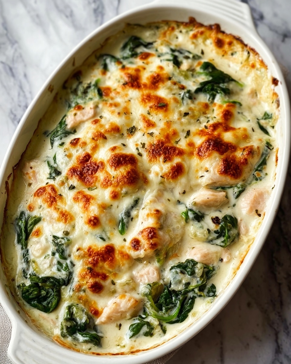 The image shows a white oval baking dish filled with a creamy baked dish. The top layer is golden brown and bubbly cheese with spots of light brown crust. Underneath, you can see leafy green spinach mixed in a thick white sauce, with pieces of light pink chicken mostly covered by the sauce and cheese. The texture looks rich and creamy with melted cheese on top that has browned in some places. The dish is placed on a white marbled surface. Photo taken with an iphone --ar 4:5 --v 7