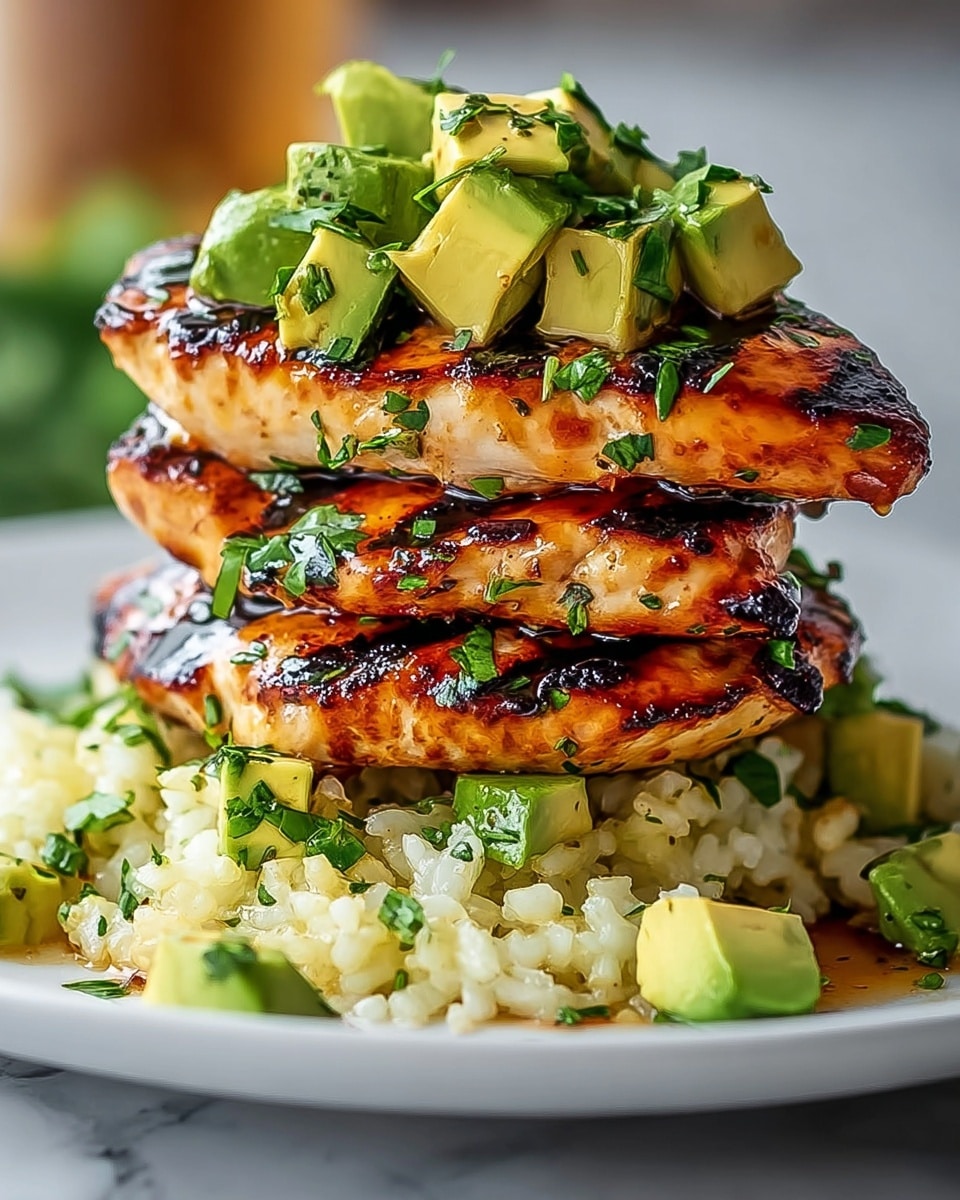 A stack of three grilled chicken breasts with visible dark grill marks, each layer interspersed with fresh bright green avocado chunks sprinkled with chopped herbs. The bottom layer is a bed of light yellowish rice mixed with small avocado pieces and herbs, all placed on a white plate. The chicken and avocado are coated with a glossy sauce that adds shine to the dish. The background features a soft, blurred scene with a white marbled surface partially visible. photo taken with an iphone --ar 4:5 --v 7