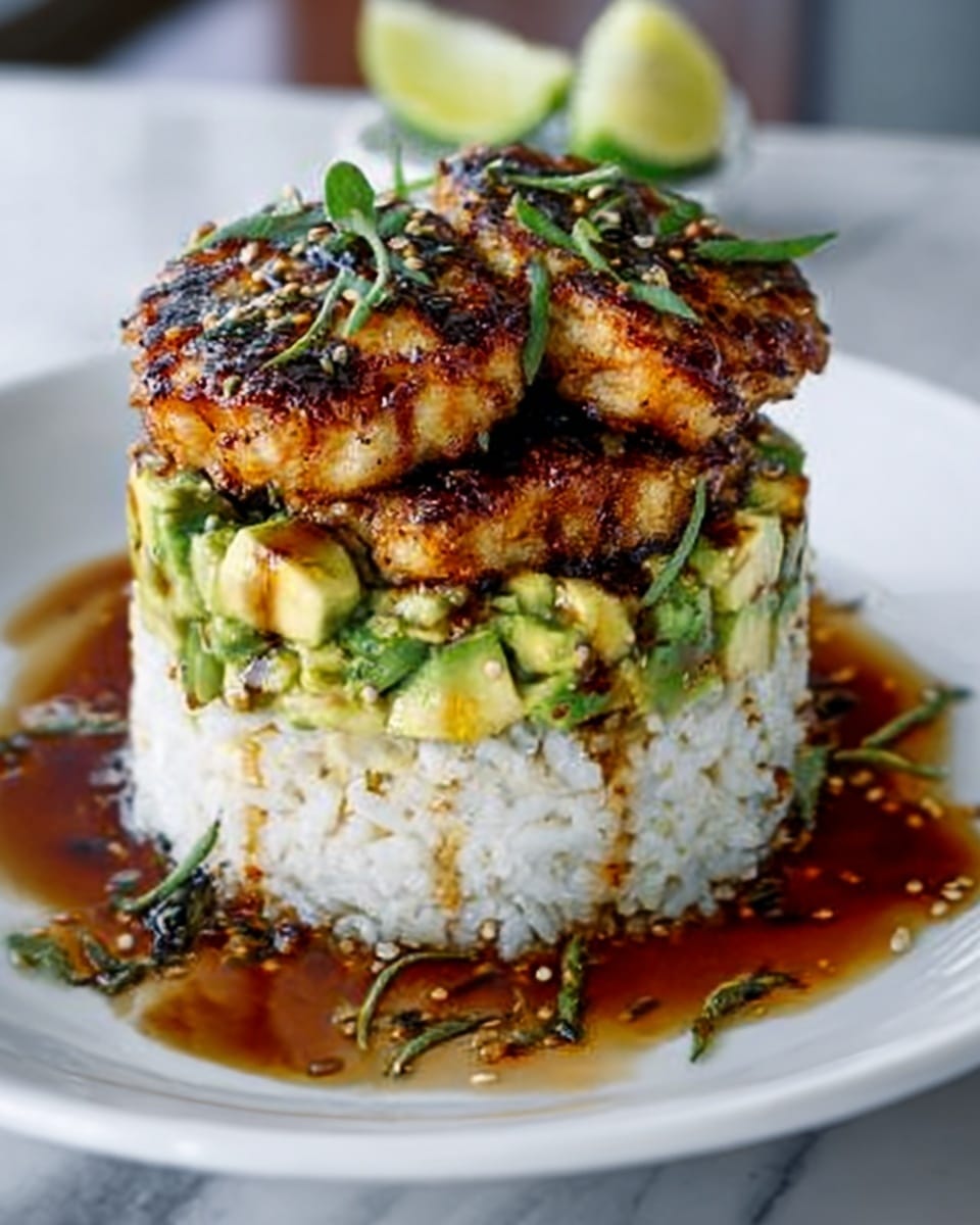 The dish is a stacked tower starting with a thick, round base of fluffy white rice placed on a white plate over a white marbled surface. Above the rice is a chunky layer of green avocado pieces mixed with small bits of a dark herb, adding a fresh, textured look. On top, there are two thick, golden-brown grilled patties with crispy edges, likely made from seafood or vegetables, that show a slightly charred texture. The stack is garnished with small green herb leaves and drizzled with a glossy brown sauce that pools slightly around the base, with lime wedges visible in the blurred background. Photo taken with an iphone --ar 4:5 --v 7