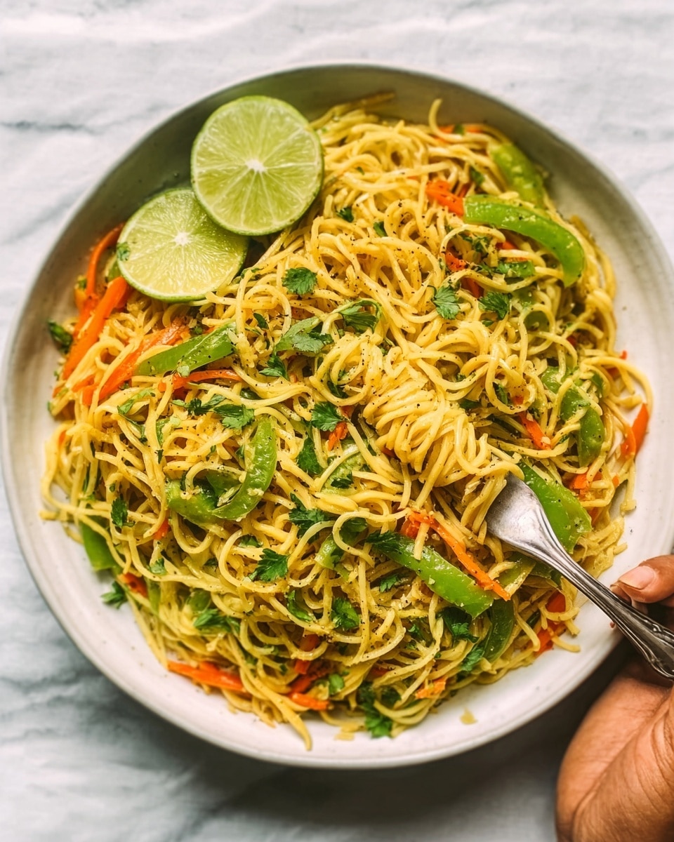 A white bowl filled with yellow noodles mixed with green vegetables like bell pepper slices and carrot shreds, topped with fresh green herbs and placed on a white marbled surface. On top of the noodles, there is a sliced lime half adding a bright touch. A metal fork is wrapped with some noodles, held by a woman's hand entering from the right side. The noodles look light and slightly shiny with small bits of seasoning visible. photo taken with an iphone --ar 4:5 --v 7