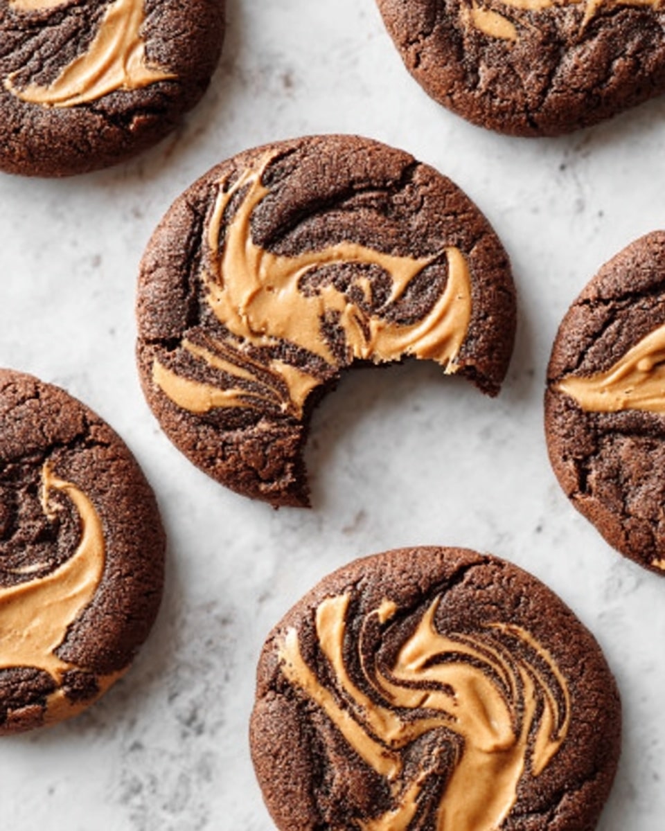 The image shows six round chocolate cookies with swirls of light brown peanut butter on top. The cookies are slightly cracked and have a soft texture, with one cookie partially bitten to reveal a moist inside. The cookies are placed on a white marbled surface, spaced evenly with no plate or bowl visible. The peanut butter swirl looks smooth and creamy, mixing with the darker chocolate cookie base to create a contrast in colors. Photo taken with an iphone --ar 4:5 --v 7