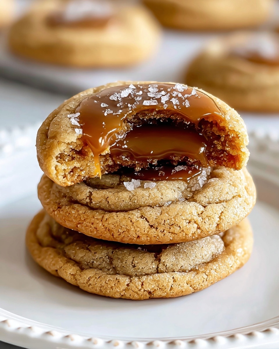 A stack of three soft, chewy cookies sits on a white plate with a subtle rope-like edge design. The cookies are golden brown with a slightly cracked surface, showing a tender texture. The top cookie has a bite taken out, revealing a gooey, dark caramel center topped with a smooth, shiny pool of light caramel. There is a light sprinkle of coarse sea salt on the top cookie, enhancing the glossy caramel’s look. The background shows blurred cookies on a white marbled surface, giving a clean and bright feel. photo taken with an iphone --ar 4:5 --v 7
