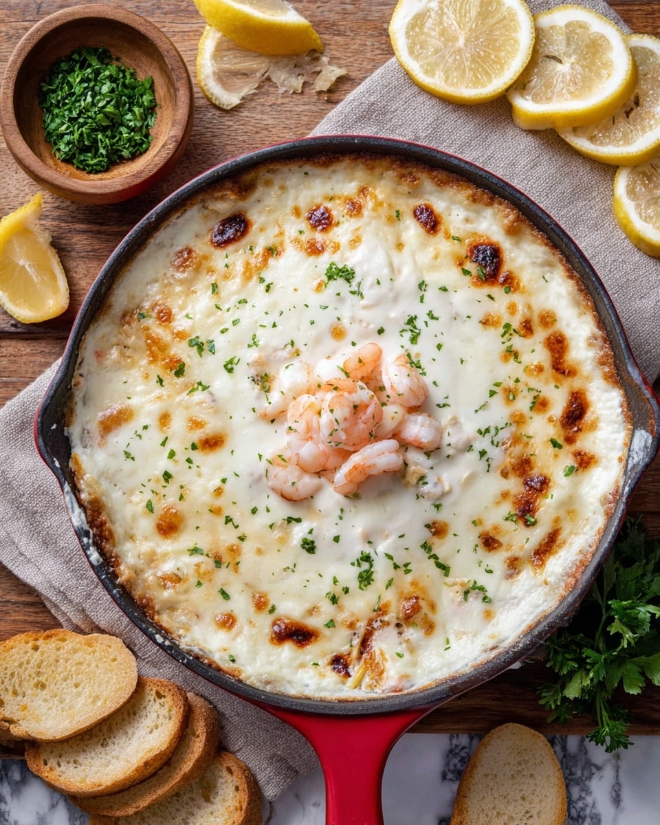 The image shows a baking dish with creamy white cheesy dip spread evenly with melted cheese on top, browned in spots, giving a golden texture. In the center, a small pile of pink cooked shrimp sits on the cheese, garnished with small bits of green herbs scattered across the top. Around the dish, there are lemon slices in yellow and white, a small wooden bowl filled with green chopped herbs, and some fresh parsley leaves. On the wooden table, round slices of toasted bread are spread out to the right and bottom of the dish. The dish has a red handle and rests on a light brown cloth, with the background changed to a white marbled texture. Photo taken with an iphone --ar 4:5 --v 7
