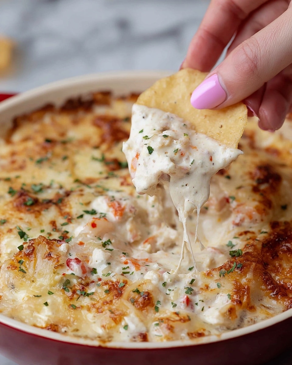 A close-up of a creamy white dip with visible small chunks of shrimp and pieces of red peppers, topped with a layer of melted golden-brown cheese sprinkled with green herbs. A woman's hand with pink nail polish is dipping a crisp, light beige chip into the cheesy layer, pulling up a stretched cheese string. The dip fills the inside of a white bowl with a red outer rim, all set on a white marbled surface. photo taken with an iphone --ar 4:5 --v 7