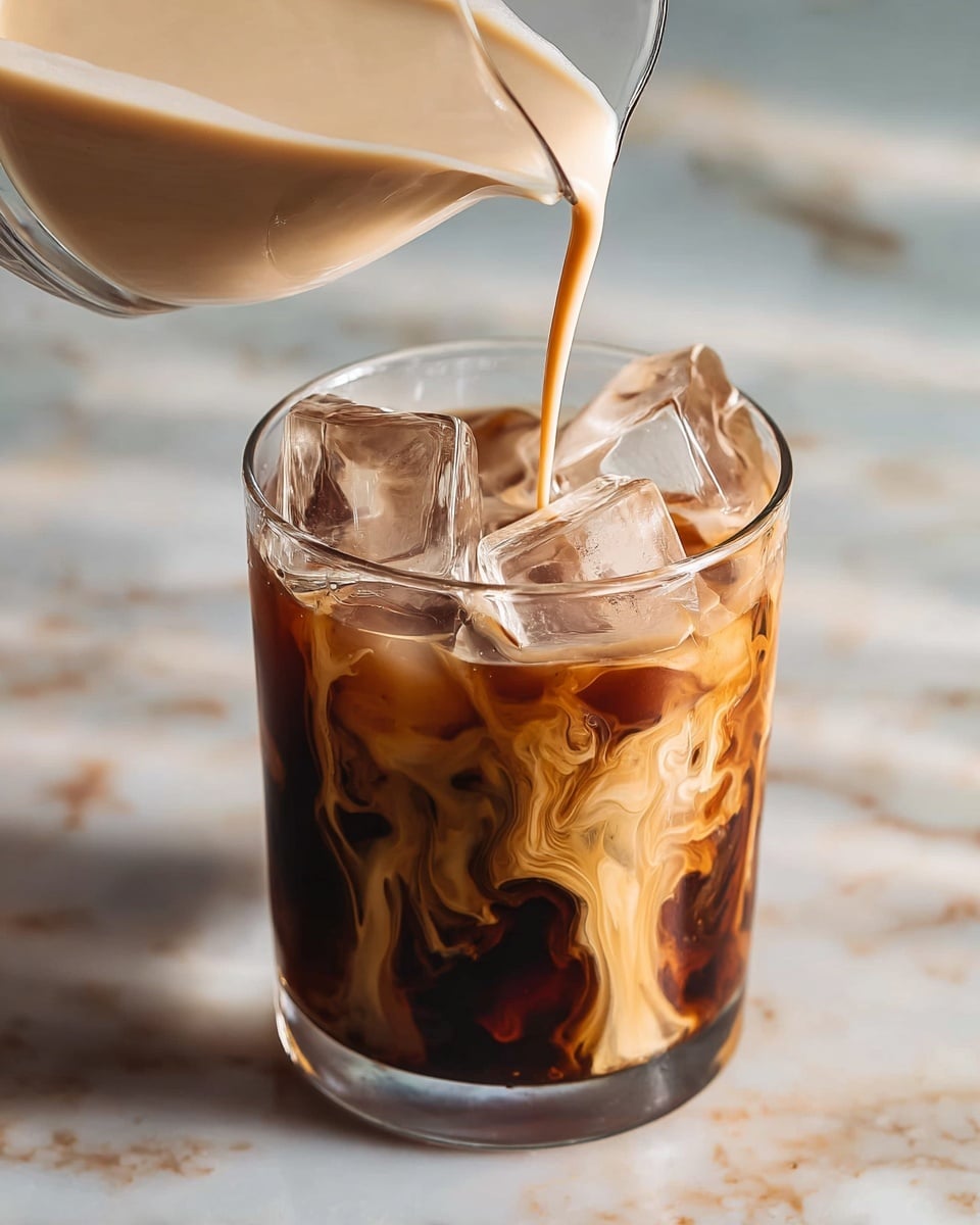 A clear glass is filled with dark brown coffee at the bottom with swirling lighter cream creating a marbled effect through the drink. On top of the coffee are several large, clear ice cubes with sharp edges. A creamy light tan liquid is being poured slowly from a glass pitcher from above, forming a smooth layer on the top. The scene is set on a white marbled surface with soft natural lighting. photo taken with an iphone --ar 4:5 --v 7