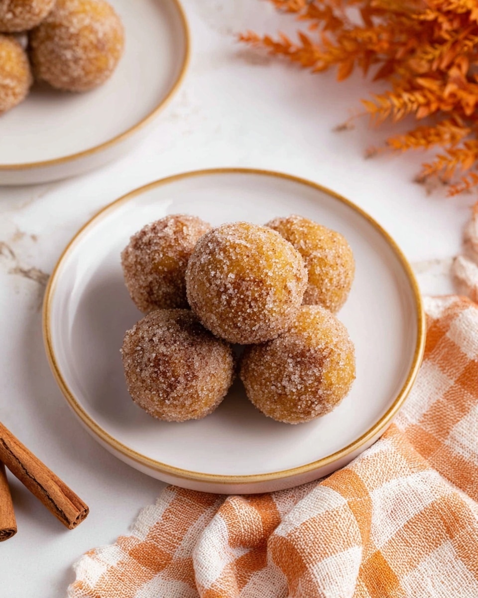 A white plate with a thin gold rim holds five round balls of dessert arranged in a small cluster. Each ball is coated in a layer of cinnamon sugar, giving them a slightly grainy texture and a golden-brown color. The plate sits on a white marbled surface. To the side, there are two cinnamon sticks and a piece of orange and white cloth with a woven texture. The upper part of the image shows some blurred orange autumn leaves, adding a cozy touch. photo taken with an iphone --ar 4:5 --v 7