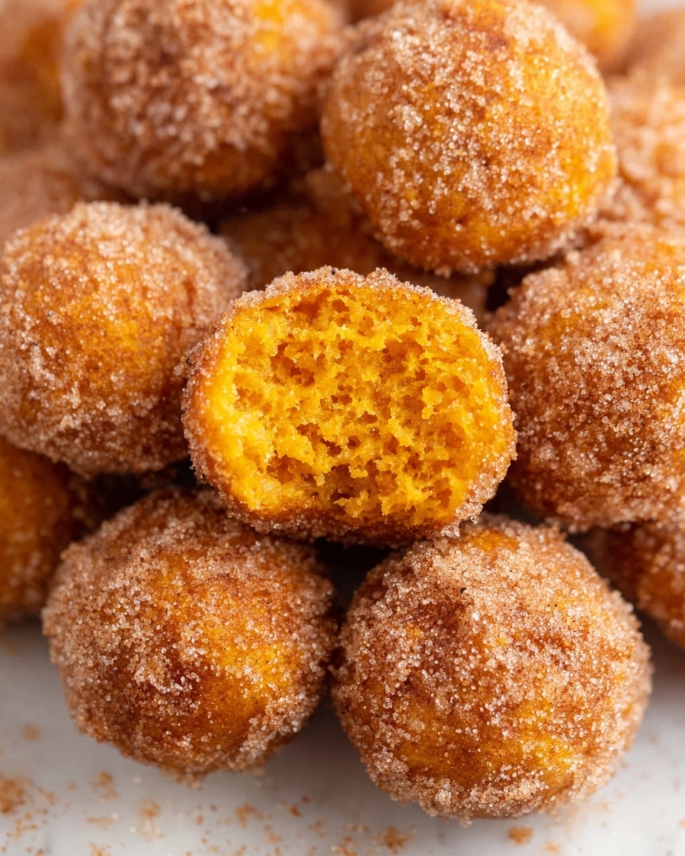 A close-up view of several round pumpkin donut holes covered evenly with a layer of sugar and cinnamon crystals, showing a rough and grainy texture on the outside. One donut hole is broken open in the center, revealing a soft, moist, and bright orange interior with a crumbly texture. All the donut holes rest on a white marbled surface. The photo focuses tightly on the donut holes, making the sugar crystals sparkle under the light. photo taken with an iphone --ar 4:5 --v 7