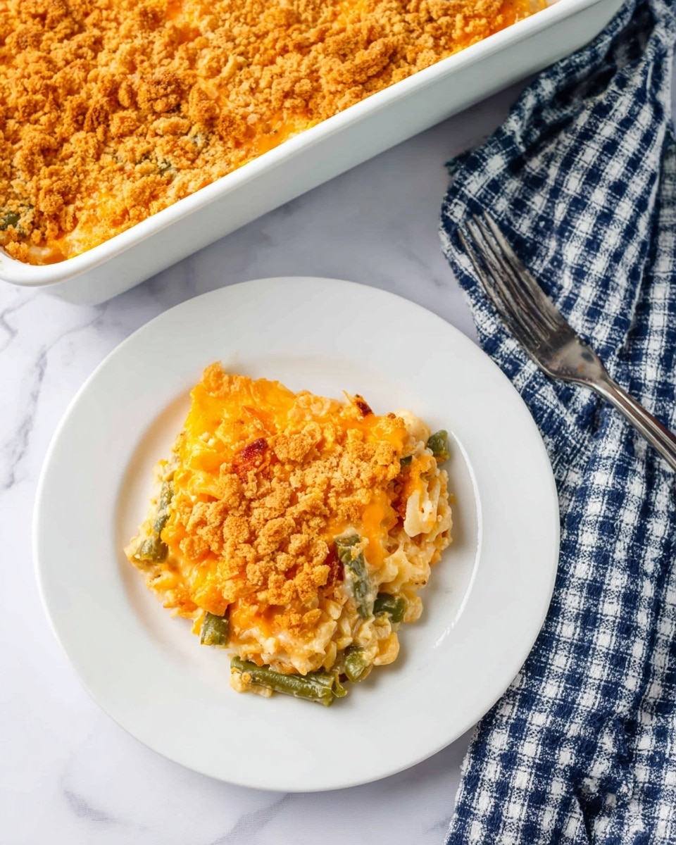 A white plate holds a square serving of baked casserole with three visible layers: the top layer is golden and crispy, made of crushed cracker crumbs with an orange melted cheese beneath it; the middle layer shows mixed vegetables with green beans and carrots, soft and cooked; the bottom layer is creamy and light yellow, likely a cheesy or creamy sauce that binds the dish together. Part of a white casserole dish filled with the same casserole is visible in the top right corner, placed on a brown textured mat with a blue and white checkered cloth next to it. A silver fork rests beside the plate on a smooth white marbled surface. Photo taken with an iphone --ar 4:5 --v 7