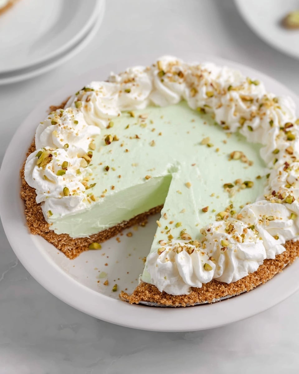 A pie with a crumbly light brown crust forms the base layer, topped by a smooth pale green cream filling covering the whole pie evenly. Around the edge sits a border of white whipped cream piped in soft waves. Light brown and green chopped nuts are sprinkled over the whipped cream and scattered lightly onto the filling. Two slices of pie are cut and slightly pulled away, showing the creamy texture inside. The pie rests on a white plate set on a white marbled surface. Photo taken with an iphone --ar 4:5 --v 7