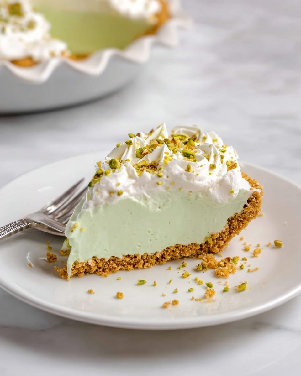 A single slice of pie on a white plate with a crumbly golden-brown crust forming the base layer, topped by a thick, smooth pale green creamy layer, and finished with a white whipped cream layer with visible swirls and small crushed green pistachio pieces sprinkled on top. Some crumbs are scattered on the plate near a silver fork resting to the left of the slice. The background is a white marbled texture with a partial view of the full pie in a white fluted dish in the upper left corner. photo taken with an iphone --ar 4:5 --v 7