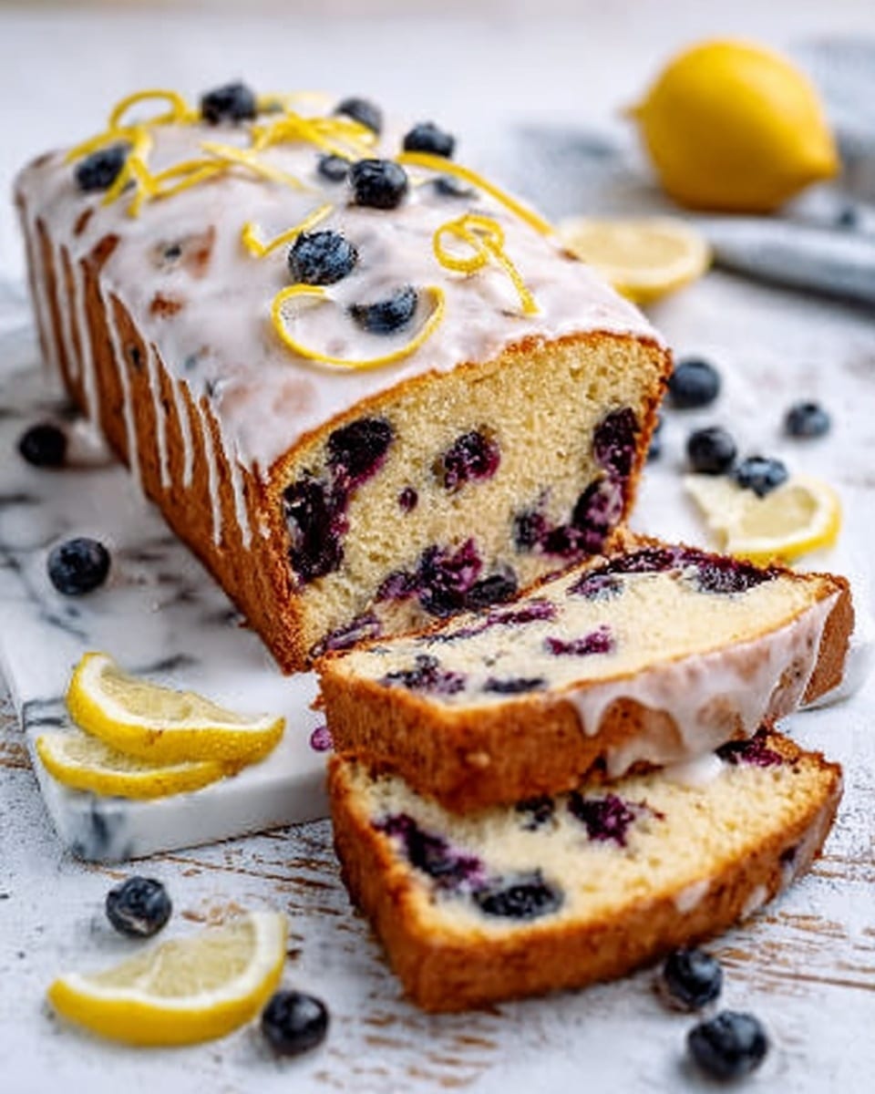 A loaf cake with three visible slices placed in front of it is shown on a white marbled surface. The cake is golden brown on the outside, with a moist, light yellow inside filled with dark purple blueberries evenly spread throughout. The top of the loaf is covered with a white icing glaze that looks slightly shiny and flows slightly down the sides. Thin lemon peel curls decorate the icing, adding bright yellow color and texture. Scattered fresh blueberries and lemon wedges surround the cake. The overall setting is bright and natural. Photo taken with an iphone --ar 4:5 --v 7