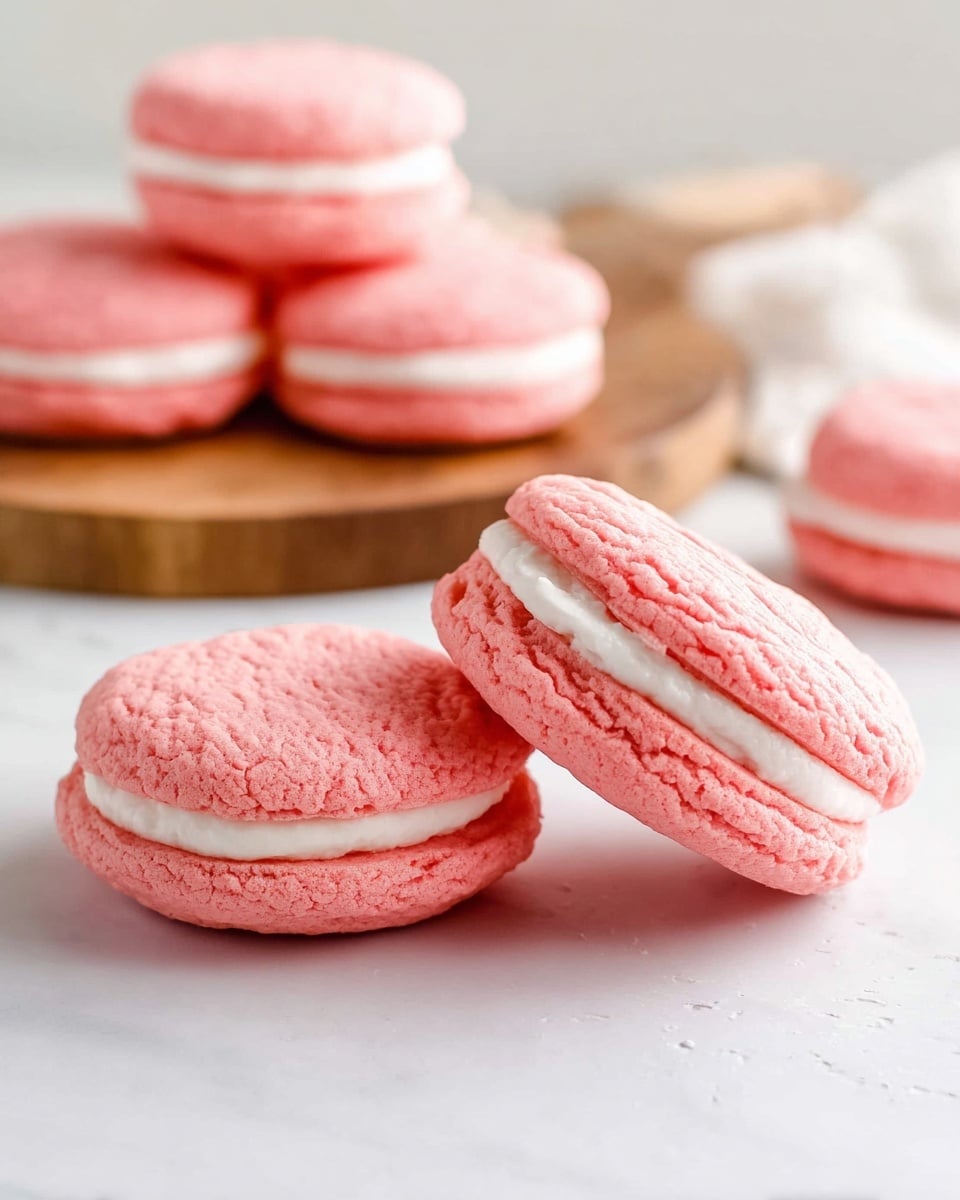 The image shows two soft, pink sandwich cookies in the front, each made of two textured pink cookie layers with a smooth, white cream filling in the middle. The cookies are slightly cracked on the surface, showing a chewy texture. In the background, there is a small pile of similar sandwich cookies placed on a round wooden board, all resting on a white marbled surface. The scene is bright and clean, focusing on the pastel colors and soft textures of the cookies. Photo taken with an iphone --ar 4:5 --v 7
