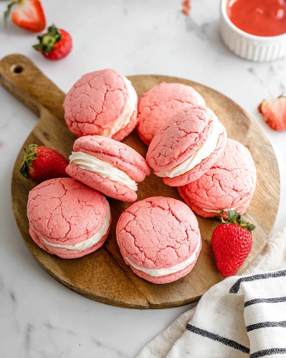 A round wooden board holds seven pink sandwich cookies with a cracked texture, each made of two soft, slightly rough pink cookie layers with smooth white cream filling in the middle. Two fresh halved strawberries with bright red inside and green tops are placed beside the cookies on the board. The board is set on a white marbled surface, with a white bowl containing a red sauce partially visible at the top right and a white cloth with black stripes at the bottom right corner. Photo taken with an iphone --ar 4:5 --v 7