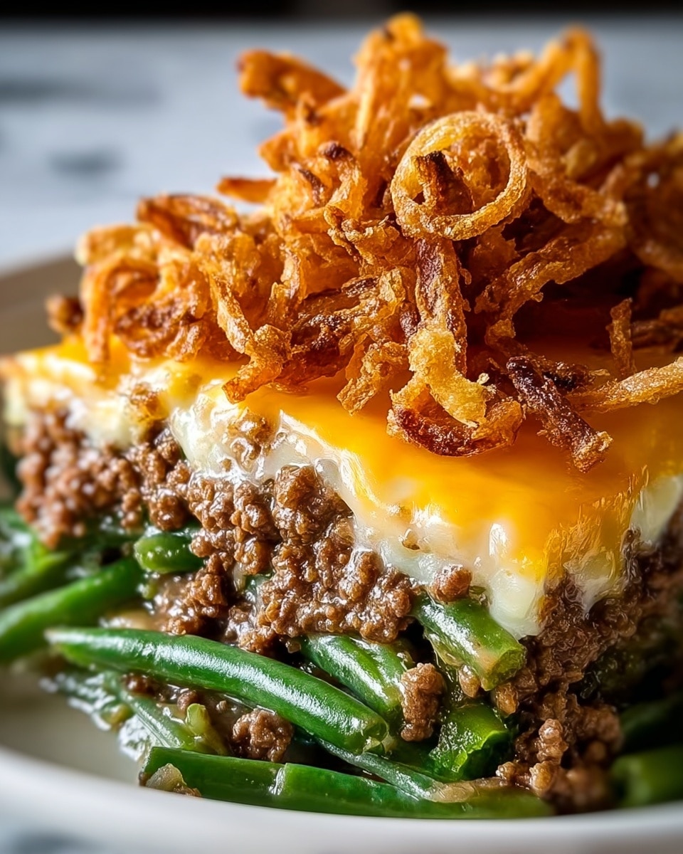 A square piece of layered dish sits on a white plate with a white marbled texture background. The bottom layer is browned ground meat, followed by green beans in the middle. Above the green beans is another layer of browned ground meat. On top, there is a melted layer of yellow and white cheese, with crispy, thin, golden-brown fried onion strings piled in a loose heap on the very top. The dish looks rich and has a mix of soft and crunchy textures. photo taken with an iphone --ar 4:5 --v 7
