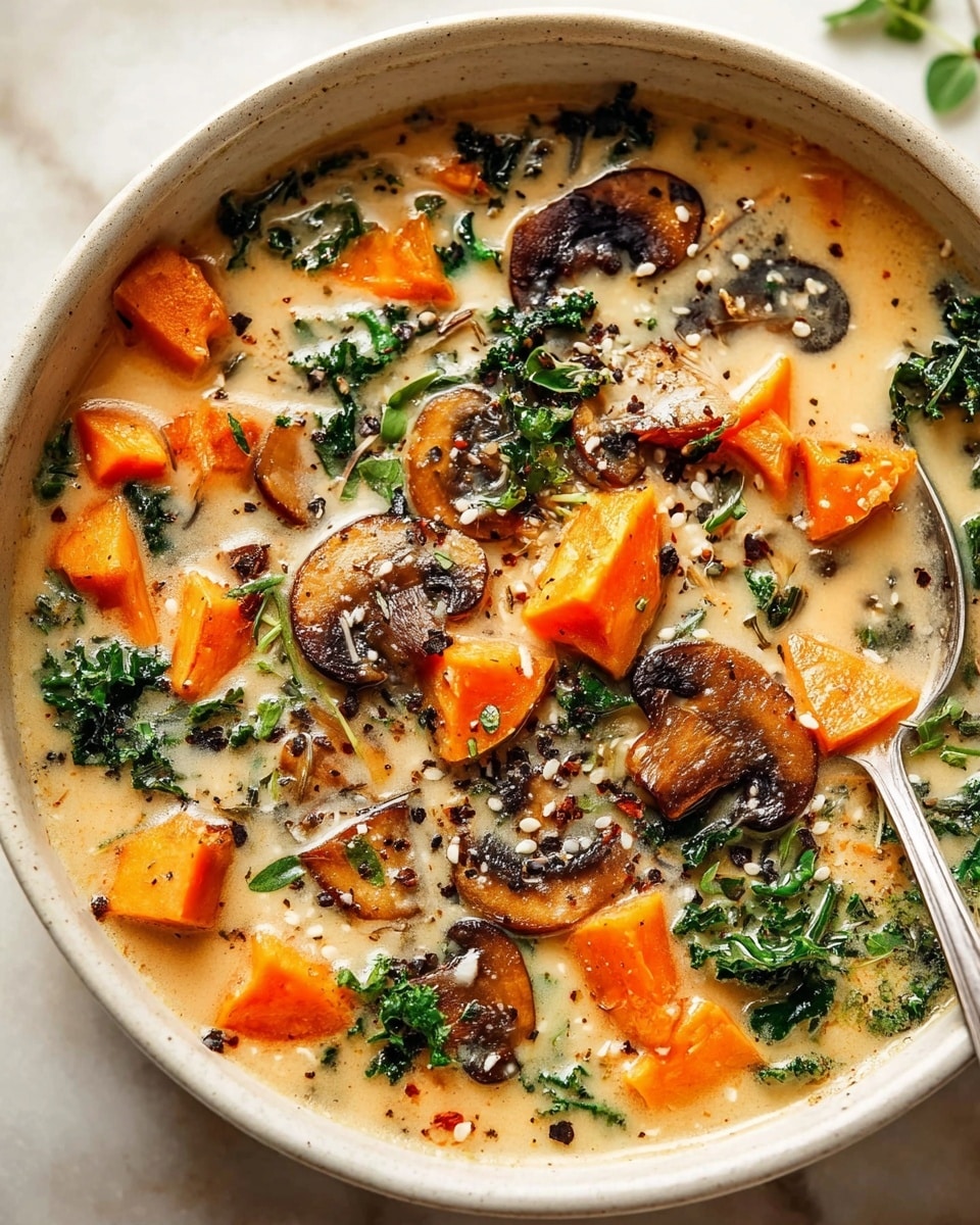 A white bowl filled with creamy soup containing three main layers: throughout the soup, there are chunky bright orange sweet potato pieces, scattered dark brown sliced mushrooms, and fresh green kale leaves. The creamy broth is light beige, slightly thick, and sprinkled with small white grains and black pepper, giving texture. A silver spoon rests inside the bowl, partially submerged, and a small green herb garnish sits on the side edge of the bowl. The bowl is placed on a white marbled surface. photo taken with an iphone --ar 4:5 --v 7