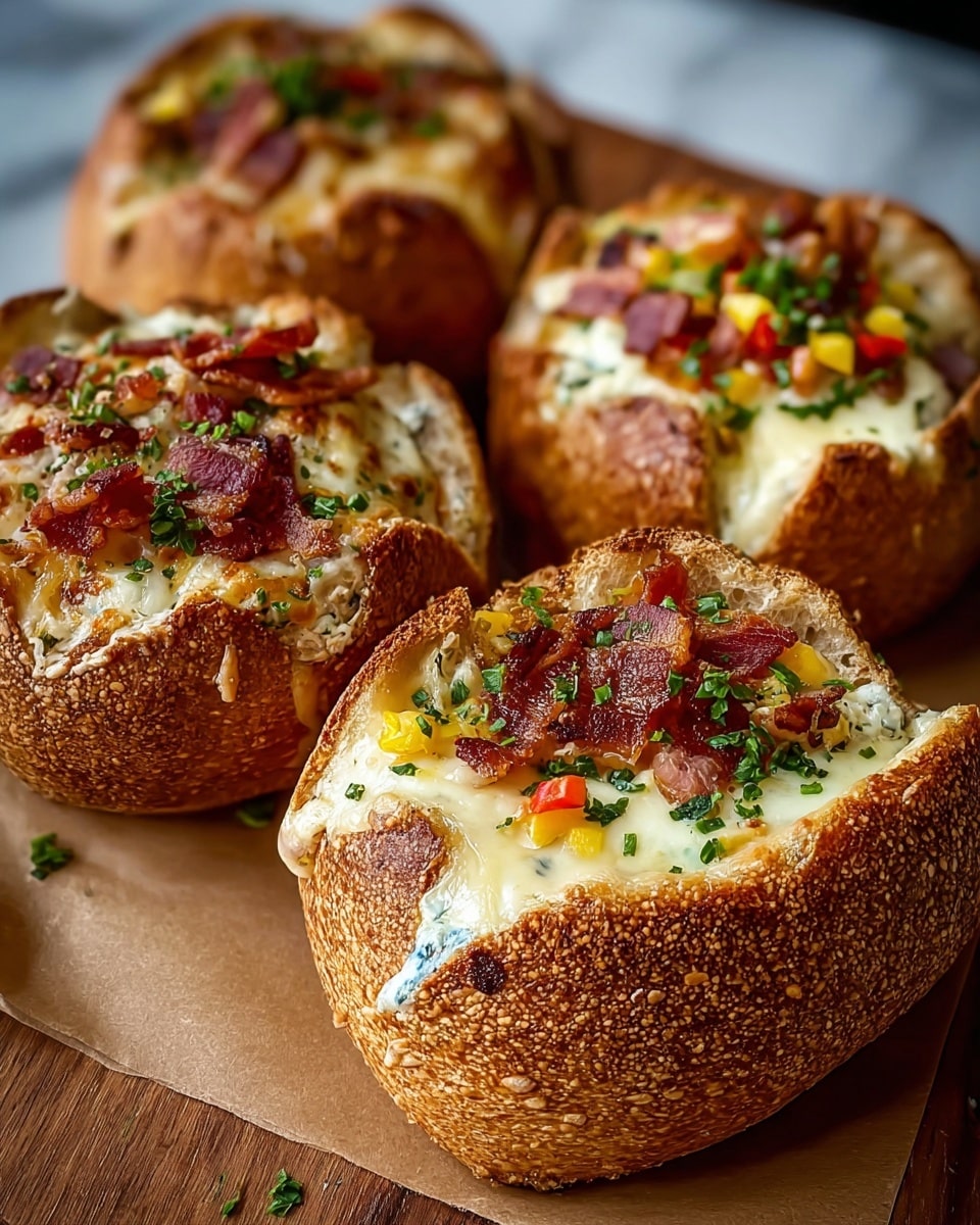 Two slices of crusty bread form the base, toasted to a golden brown with a rough texture. Each slice has a thick layer of melted creamy cheese on top, bubbling and slightly browned in spots, dripping down the side of the bread in the front slice. Scattered over the cheese are small cubes of pink ham and bits of red pepper, adding color and texture. The dish is finished with a sprinkling of finely chopped green herbs and cracked black pepper on top. The bread slices are arranged on a white rectangular plate set on a white marbled surface. photo taken with an iphone --ar 4:5 --v 7