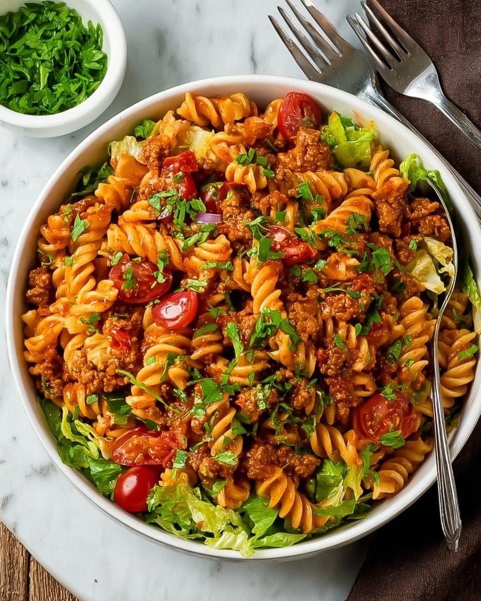 The image shows a close-up view of a bowl filled with taco pasta salad. The base layer consists of spiral-shaped rotini pasta coated in a reddish sauce. Mixed through this pasta are bright green lettuce pieces and chunks of red cherry tomatoes, adding freshness and color. Scattered on top are small crumbles of browned ground beef and a light sprinkle of shredded white and yellow cheese. The bowl is white, placed on a white marbled surface with a fork and knife nearby. Photo taken with an iphone --ar 4:5 --v 7