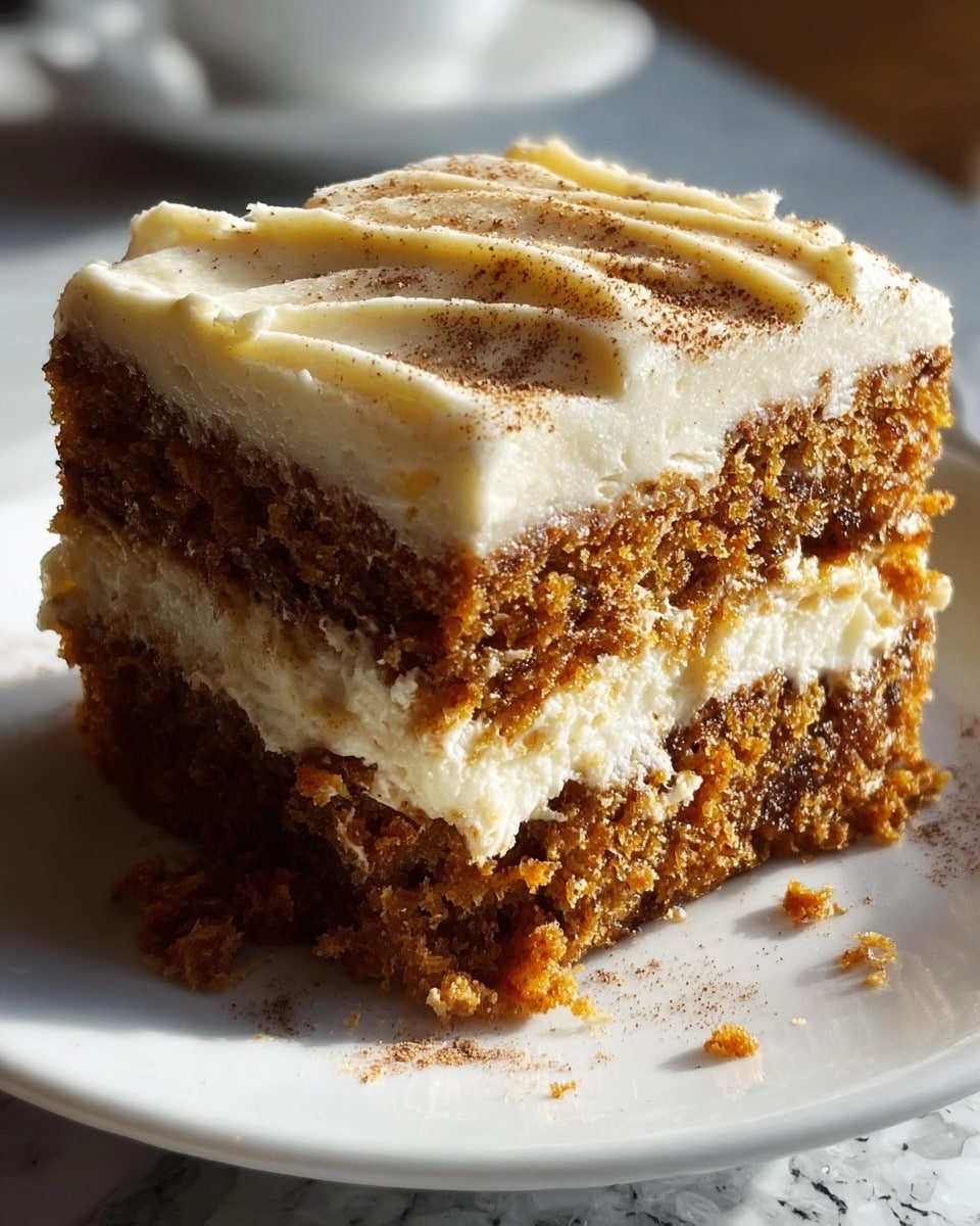 A close-up of a square slice of cake on a white plate, resting on a white marbled surface. The cake has three distinct layers: the bottom and top layers are moist, dark brown cake, while the middle layer is a smooth, light orange filling. Between the orange filling and the top cake layer is a thin layer of white cream. The top of the cake is covered with a thick, creamy white frosting that has a slightly wavy texture and is sprinkled with a light dusting of brown spice powder. Some crumbs are visible at the base of the cake, adding texture to the scene. photo taken with an iphone --ar 4:5 --v 7
