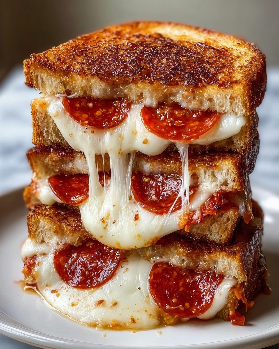 A stack of three thick, toasted sandwich slices with crispy, golden brown edges sits on a white plate. Each sandwich layer is filled with melted white cheese stretching out between the sandwiches, mixed with round, cooked pepperoni slices that are red with some darker charred spots. The bread is thick and rustic, showing a soft crumb inside with a crunchy textured crust on the outside. The cheese looks creamy and gooey, oozing down the sides and creating an inviting, melty texture. The whole stack forms a tall, rich tower of cheesy, pepperoni-filled comfort food set against a white marbled texture background. photo taken with an iphone --ar 4:5 --v 7