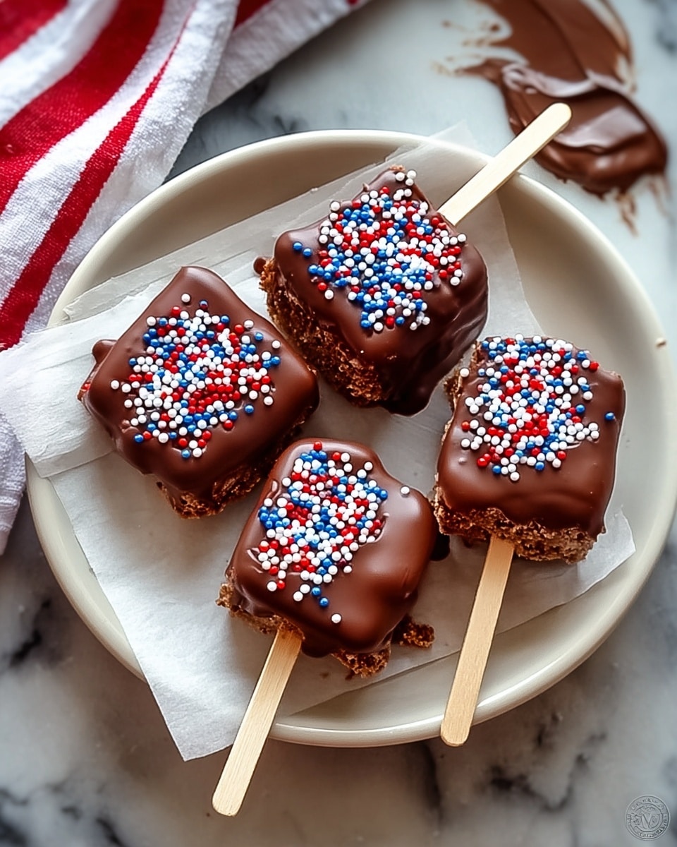 Four small square-shaped chocolate treats on wooden sticks sit on a white plate lined with parchment paper. Each treat has a smooth, shiny chocolate coating topped with small round sprinkles in red, white, and blue colors, unevenly scattered on the surface. The edges of the chocolate coating are slightly melted and drip over the sides, revealing a crumbly brown base layer. The plate rests on a white marbled surface with some chocolate smudges around it, and a white cloth with red stripes is partially visible in the top left corner. Photo taken with an iphone --ar 4:5 --v 7