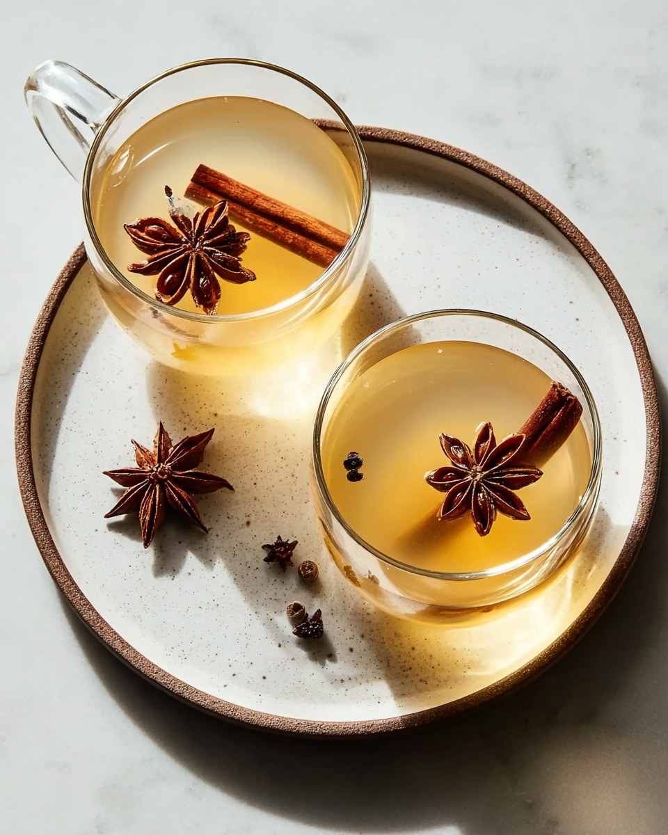 The image shows two clear glass cups filled with a light golden liquid placed on a white plate with a slight brown rim. Each cup contains one star anise floating on top, with one cup also holding a cinnamon stick and some small dark spices. On the white marbled surface beneath the plate, there is an additional star anise resting beside it. The warm, translucent drink and spices create a cozy, inviting look. photo taken with an iphone --ar 4:5 --v 7