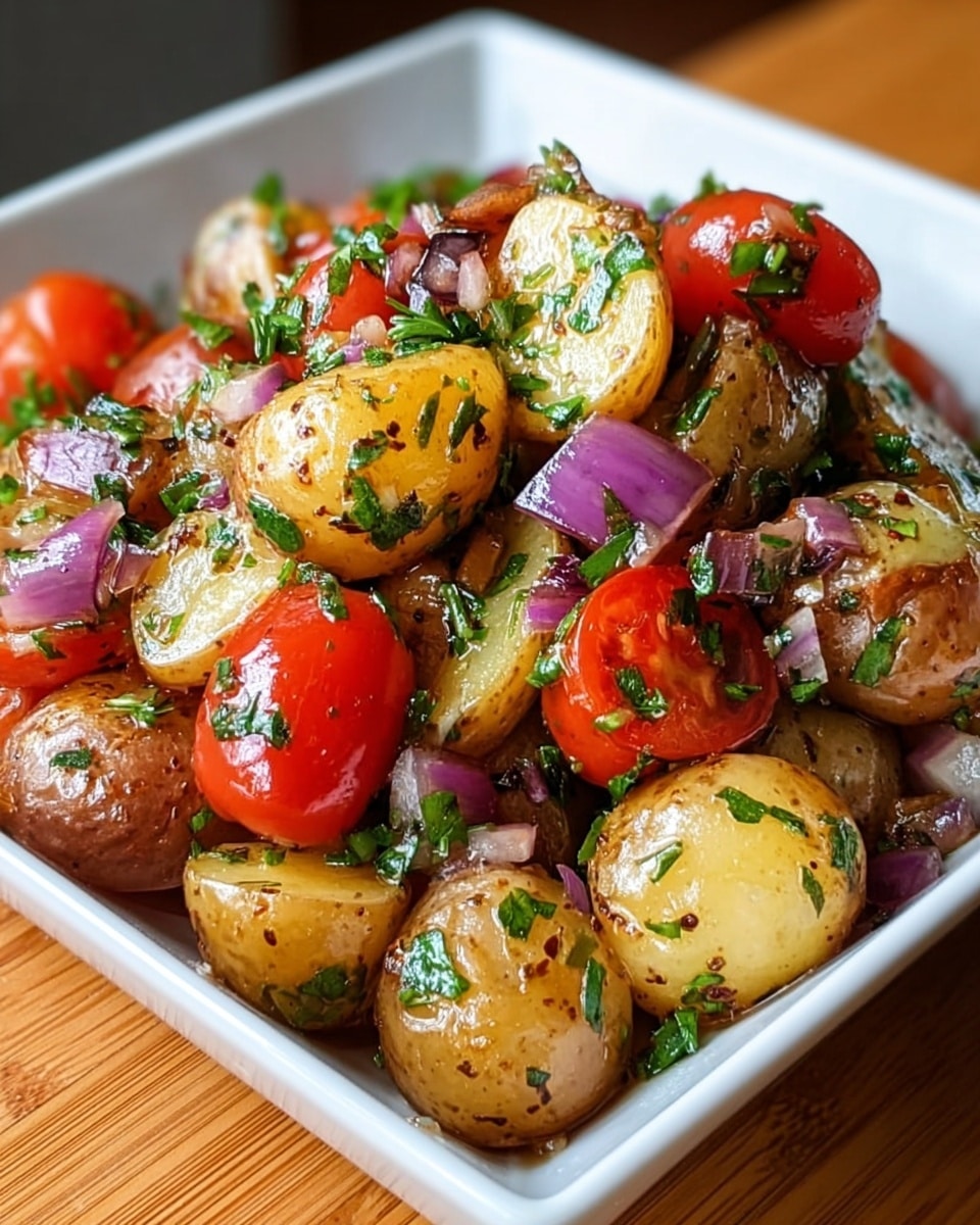 The image shows a white square bowl filled with a colorful potato salad made of three main layers of ingredients. The bottom and middle layers are small, golden-brown roasted potato halves with a slightly crispy skin and soft inside. Mixed with the potatoes are bright red cherry tomatoes that add a fresh, smooth texture. Diced pieces of purple-red onions are scattered evenly across the salad, providing a slightly translucent and crunchy contrast. The entire dish is garnished with finely chopped green herbs, likely parsley, which adds a fresh green color and texture over the top and sides. The bowl rests on a wooden surface with a shallow depth of field focusing on the vibrant ingredients. photo taken with an iphone --ar 4:5 --v 7