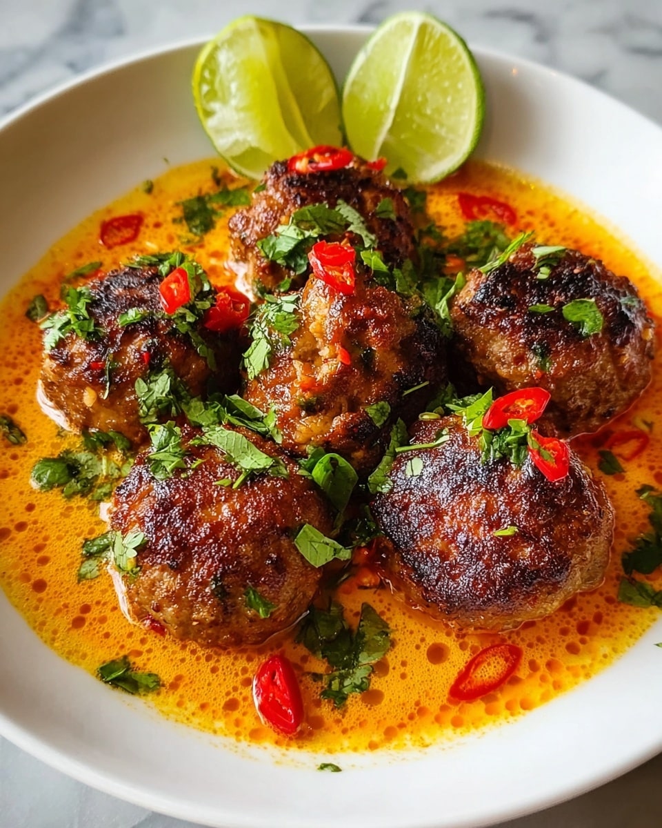 A white round bowl filled with many small, round brown meatballs, covered in a thick, smooth orange sauce. Some fresh green herb leaves are scattered on top as garnish. A silver spoon rests inside the bowl on the right side. The bowl is placed on a white marbled surface with a black and white striped cloth partially under it. photo taken with an iphone --ar 4:5 --v 7