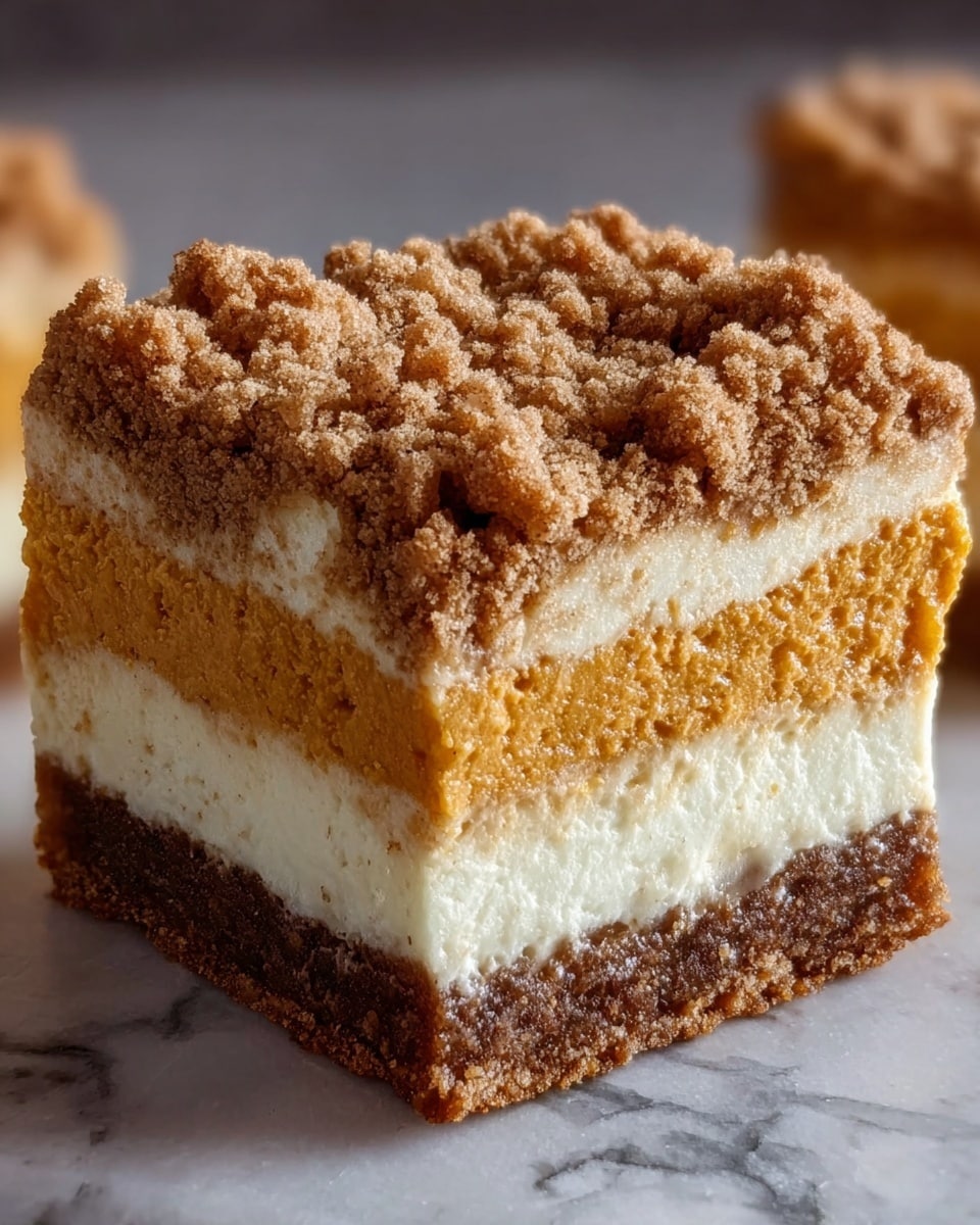 A close-up view of a square dessert with four visible layers resting on a white marbled surface. The bottom layer is a dark brown crumbly crust, followed by a thick, smooth, creamy white layer. Above that is a light orange, fluffy layer with a slightly airy texture. The top layer is a rough, coarse crumb topping in a medium brown shade, adding a crunchy texture. The layers are evenly stacked and the dessert looks moist and dense. Photo taken with an iphone --ar 4:5 --v 7