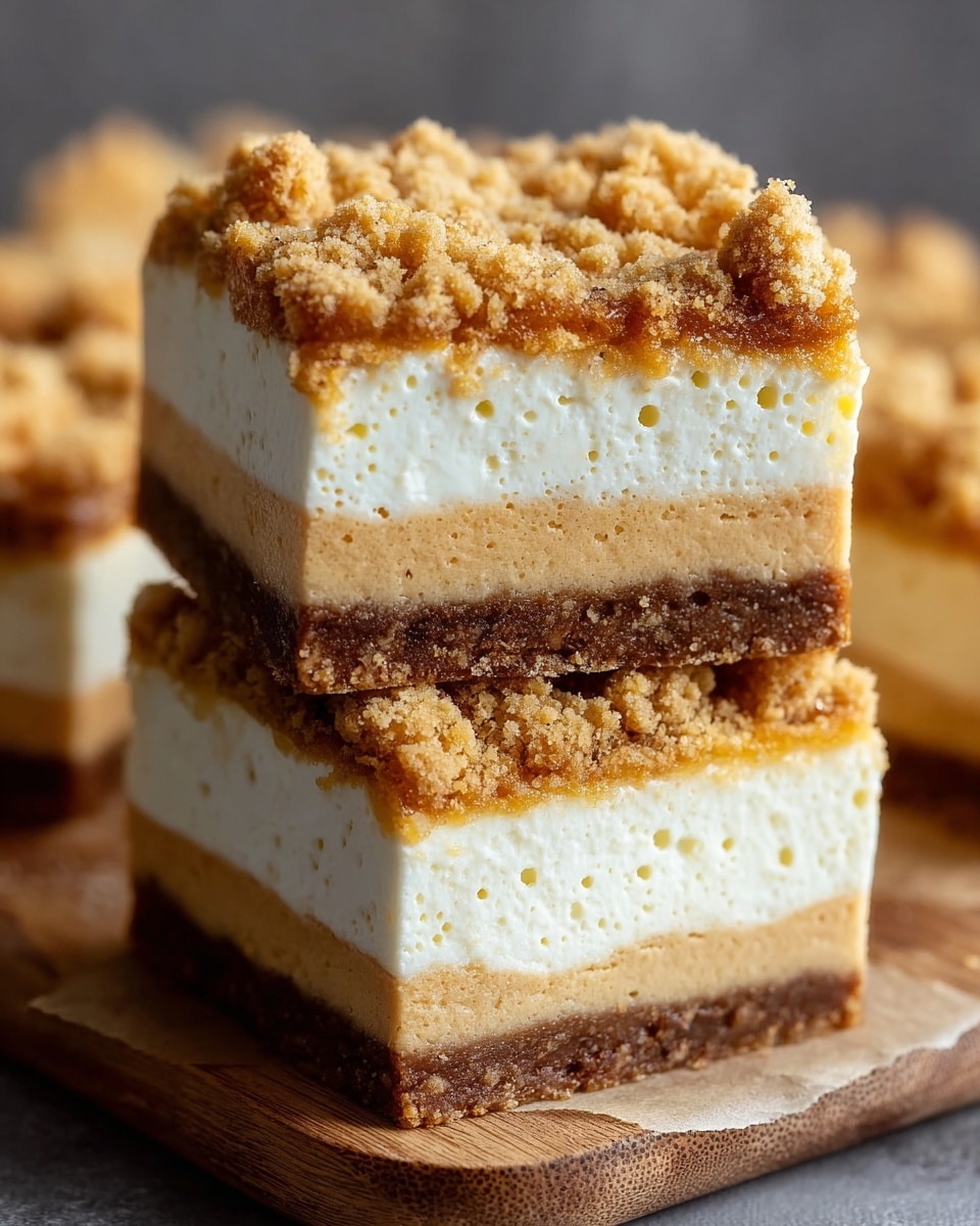 The image shows two square dessert bars stacked on a wooden board with a blurred background. Each bar has four layers: the bottom layer is a dark brown crumbly crust, above it is a smooth light brown layer, then a thick white creamy layer with small holes, and finally a top layer of crumbly golden brown streusel. The top streusel layer looks rough with small clumps scattered unevenly. The dessert bars have clean edges and the layers are clearly visible. Photo taken with an iphone --ar 4:5 --v 7