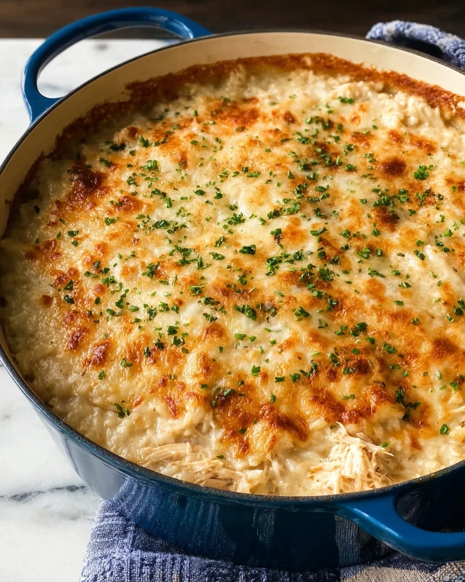 A close-up image of a creamy baked casserole in a large blue pot with a white interior, showing a single thick layer with shredded chicken mixed with rice in a rich, creamy sauce. The top layer is golden brown with melted cheese, slightly bubbling and crispy in some spots. Chopped green herbs are sprinkled evenly over the entire surface, adding a fresh touch of color. The pot sits on a white marbled surface with part of a blue and white cloth visible nearby. photo taken with an iphone --ar 4:5 --v 7