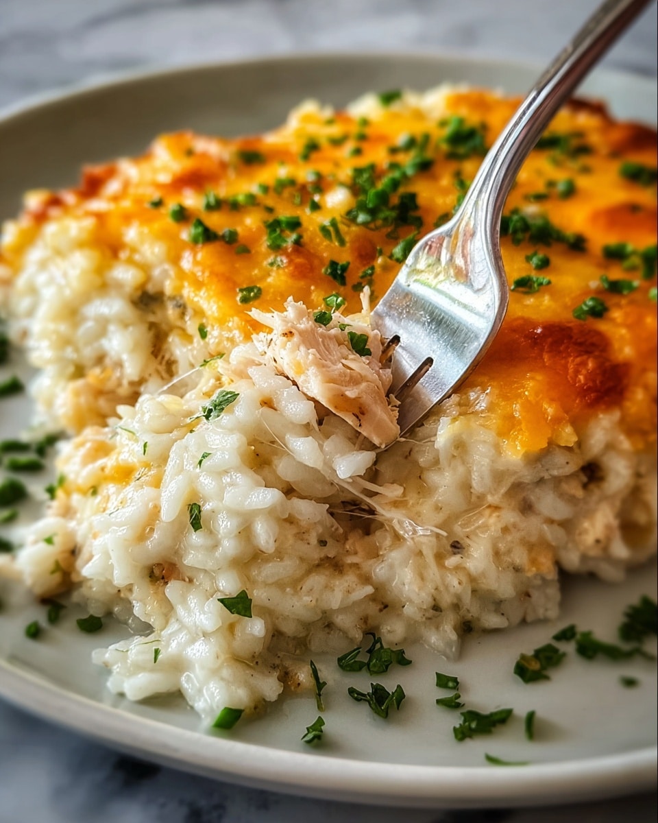 A close-up of a creamy rice casserole served on a white plate, showing two main layers: a bottom layer of soft, white, creamy rice mixed with small pieces of chicken, and a top layer of golden melted cheese with a slightly browned, bubbly texture. The casserole is sprinkled with finely chopped green herbs across the top, adding bright green spots. A fork is lifting a portion of the dish, showing the gooey cheese stretch with the creamy rice and tender chicken underneath. The background features a white marbled surface with some scattered green herb bits around the plate. photo taken with an iphone --ar 4:5 --v 7