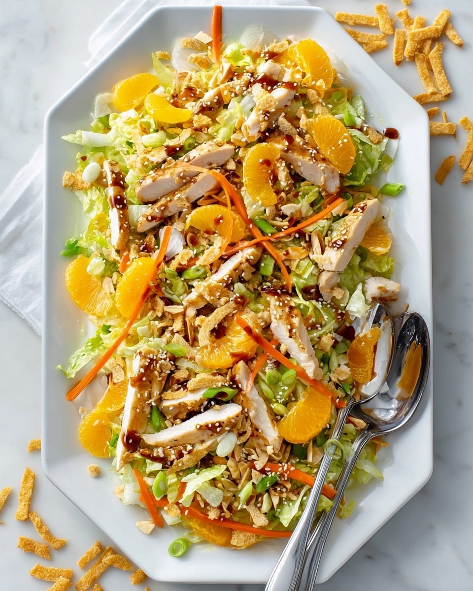 The image shows a white octagonal plate filled with a colorful salad. The base layer is pale green chopped lettuce mixed with bright orange carrot strips and sliced green onions. On top, there are medium-sized pieces of cooked chicken with a browned surface, orange mandarin slices, thin crispy golden strips, and scattered light brown almond flakes. The dish is sprinkled with small white sesame seeds and drizzled with a shiny, dark dressing. A large silver serving spoon rests on the right edge of the plate. The plate sits on a white marbled surface, and some crispy strips are scattered around it. Photo taken with an iphone --ar 4:5 --v 7