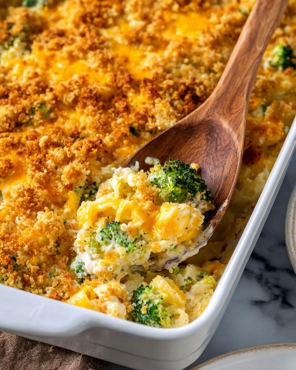 A close-up view of a baked dish in a white rectangular casserole. The top layer is golden brown with a crunchy texture, made of small crumb bits and melted cheese with bright orange and yellow color. Below this crust, the creamy layer shows a mix of white sauce, small green broccoli florets, and more melted cheese clinging together. A wooden spoon scoops out a portion, showing thick and cheesy pasta pieces with visible broccoli inside. The casserole sits on a white marbled surface, with part of a white round plate also visible on the side. photo taken with an iphone --ar 4:5 --v 7