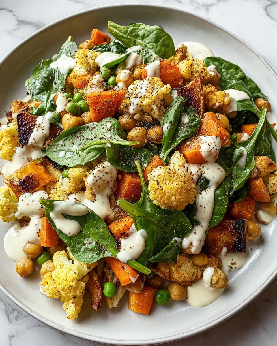 A white plate holds a colorful roasted vegetable salad with distinct layers: the base layer is light yellow cauliflower and golden chickpeas, mixed with chunks of browned root vegetables like parsnip. Scattered bright orange carrot slices and green peas add pops of color. Fresh, dark green spinach leaves are laid on top, sprinkled lightly with ground spices. A creamy white dressing is drizzled over all, creating a smooth contrast on the texture of the roasted vegetables. The plate sits on a white marbled surface. photo taken with an iphone --ar 4:5 --v 7