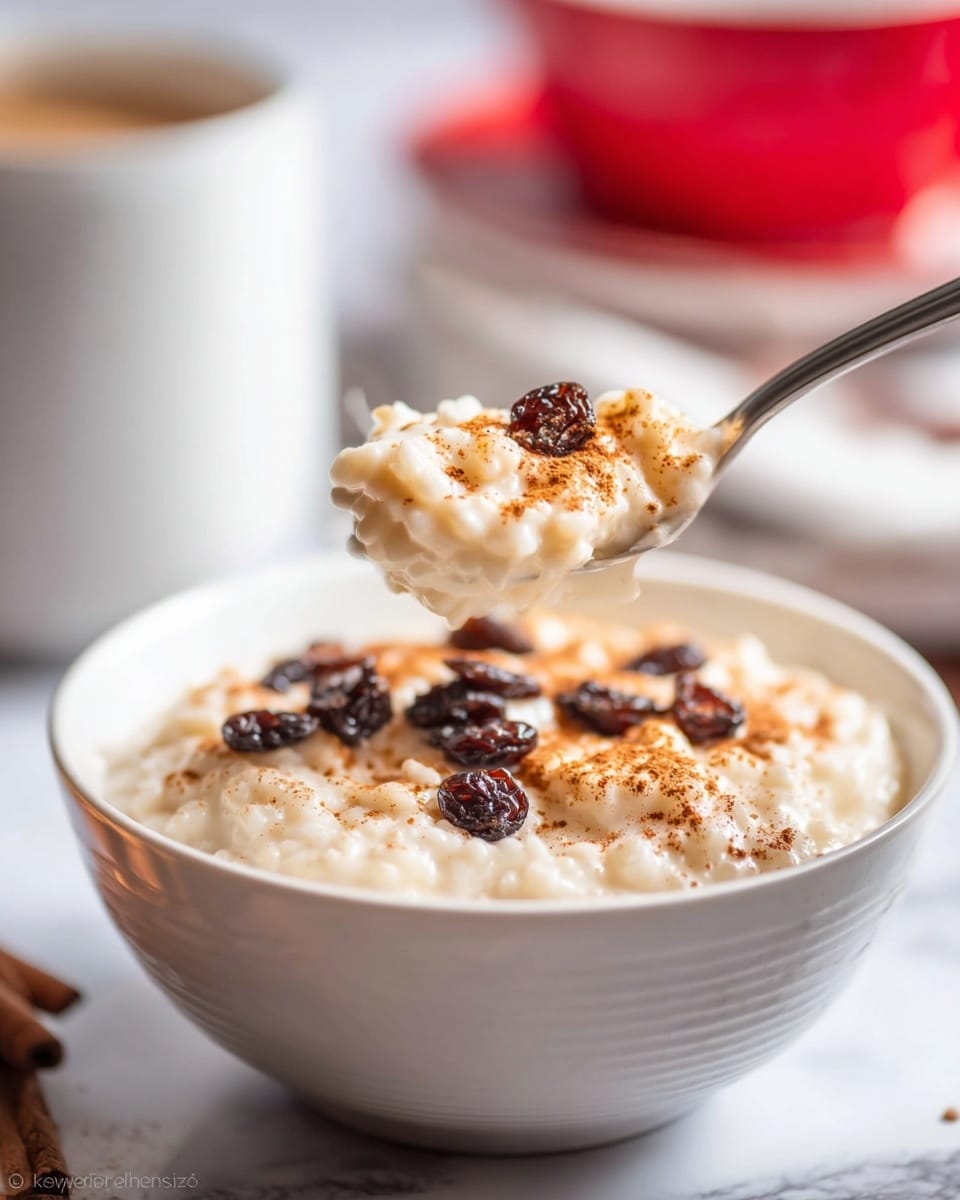 The image shows a white bowl filled with creamy rice pudding speckled with a light dusting of brown cinnamon powder on top. Dark raisins are scattered over the surface, adding texture and contrast against the smooth, pale pudding base. A spoon is lifted above the bowl, holding a small scoop of the rice pudding, showcasing its thick, rich texture and the cinnamon sprinkled on it. The bowl sits on a white marbled surface with soft out-of-focus background elements that include a white cup and a red bowl. Photo taken with an iphone --ar 4:5 --v 7