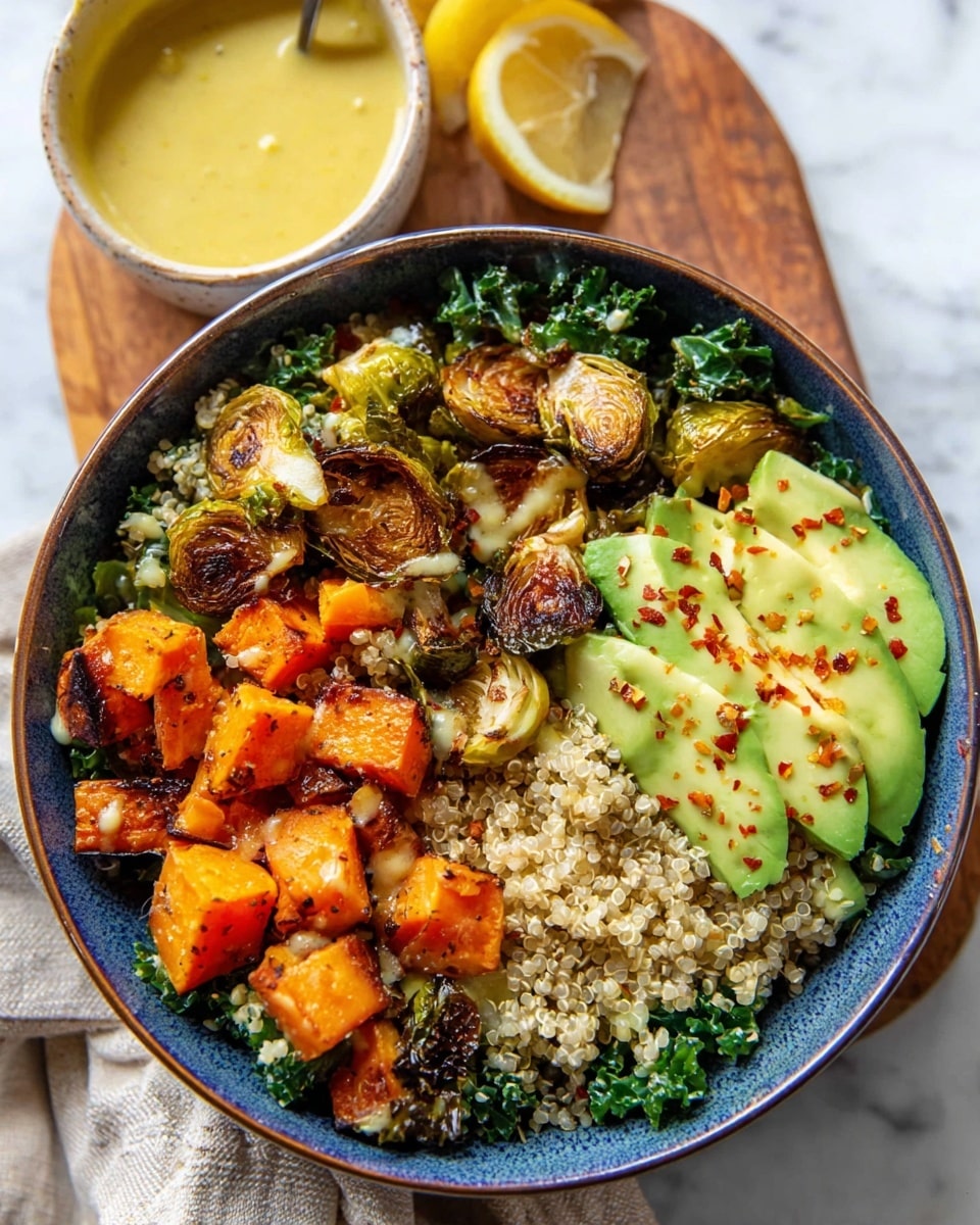 A blue bowl filled with a colorful, healthy salad sits on a white marbled surface next to a wooden board holding a small bowl of yellow dressing. The salad has four main layers: at the bottom, light beige quinoa grains mixed with chopped green kale leaves; on top, caramelized Brussels sprouts that are golden brown and slightly crispy; next, orange roasted sweet potato cubes with a charred texture; finally, three slices of fresh, light green avocado sprinkled with red pepper flakes are arranged on the side. A lemon wedge peeks out at the edge of the bowl. photo taken with an iphone --ar 4:5 --v 7