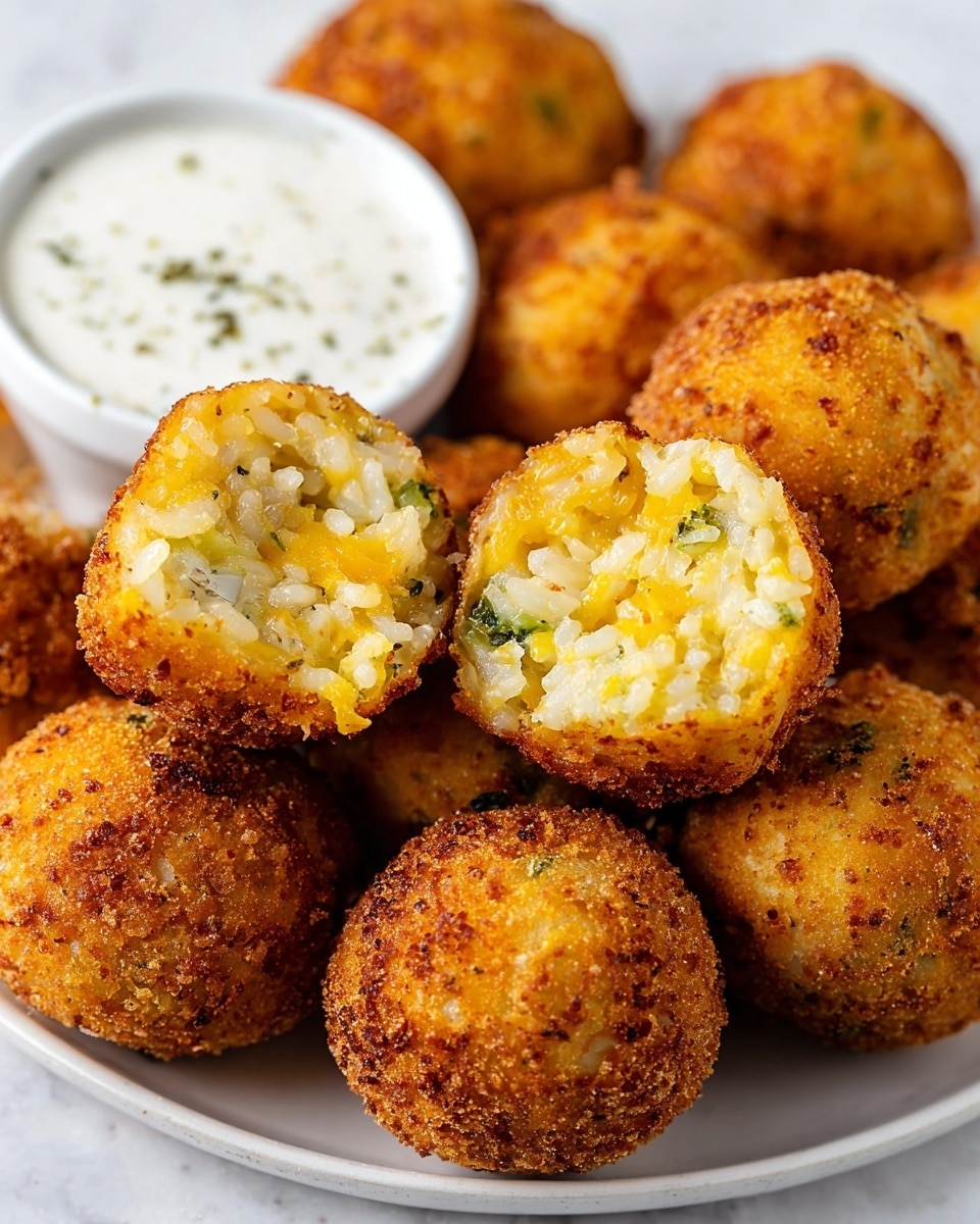 The image shows several golden-brown fried balls with a crunchy, textured outer layer. Two of the balls are cut in half and placed on top, revealing a soft inside made of creamy rice, melted yellow cheese, and small green broccoli pieces mixed throughout. The balls are arranged closely on a white plate, and a small white bowl filled with a creamy white dipping sauce is visible on the left side. The surface is a white marbled texture. photo taken with an iphone --ar 4:5 --v 7
