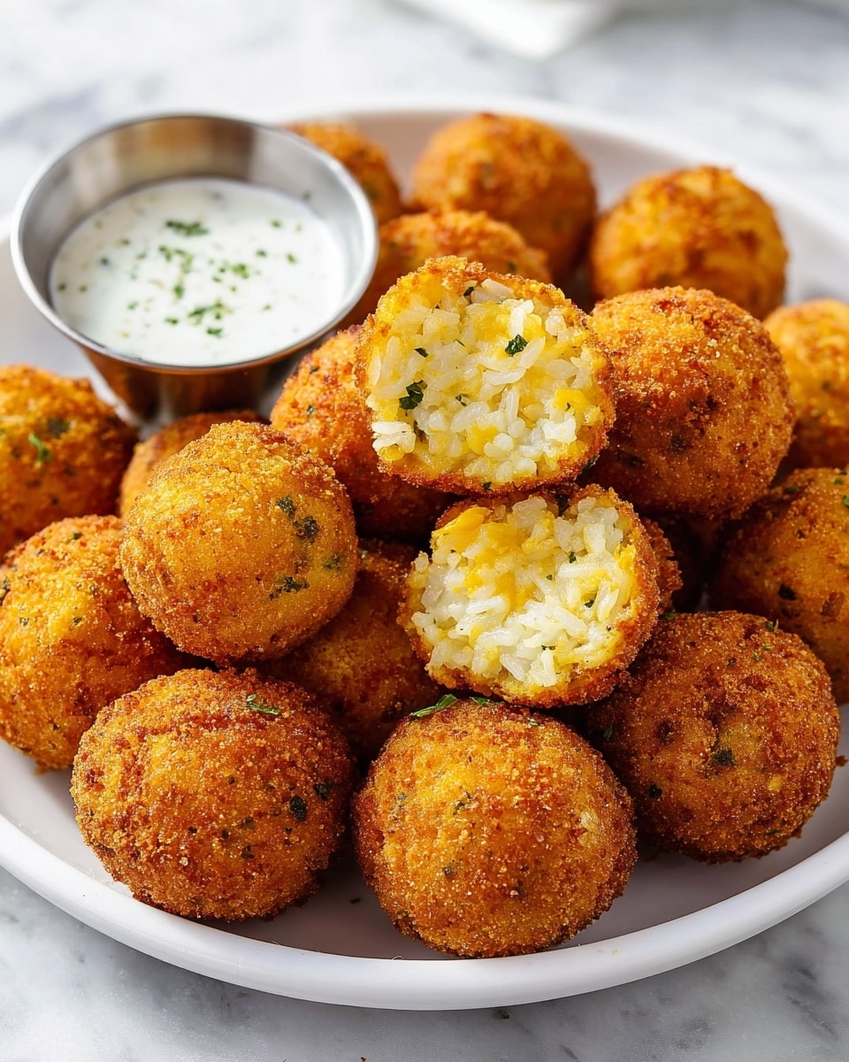 A white plate holds about twenty golden brown, small, round fried balls with a crunchy texture. One ball is cut open and placed on top, showing a soft, creamy inside with visible white rice mixed with melted yellow cheese and small green herb bits. To the left of the plate, there is a small metal cup filled with white dipping sauce. The plate is set on a white marbled surface, and the lighting highlights the crispy texture and warm color of the fried balls. photo taken with an iphone --ar 4:5 --v 7