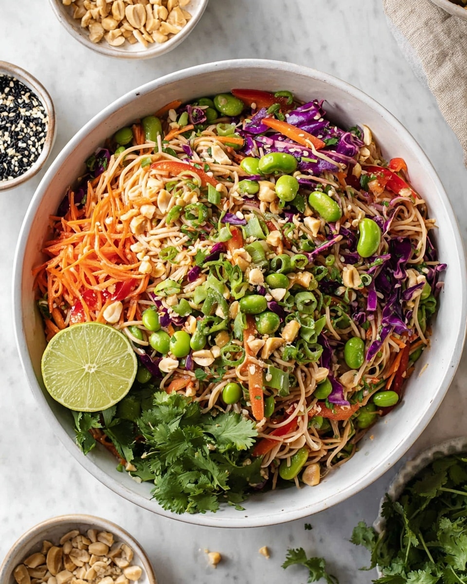 A large white bowl filled with a colorful layered dish starting with a base of thin noodles that are light beige. Mixed in and layered on top are thin strips of orange carrot and purple cabbage, along with green edamame beans, sliced green jalapeños, and chopped green onions. There are some small pieces of red bell pepper and chopped peanuts scattered throughout. A woman's hand is using dark wooden chopsticks to lift a portion of the noodles from the bowl. The background is a white marbled texture. photo taken with an iphone --ar 4:5 --v 7