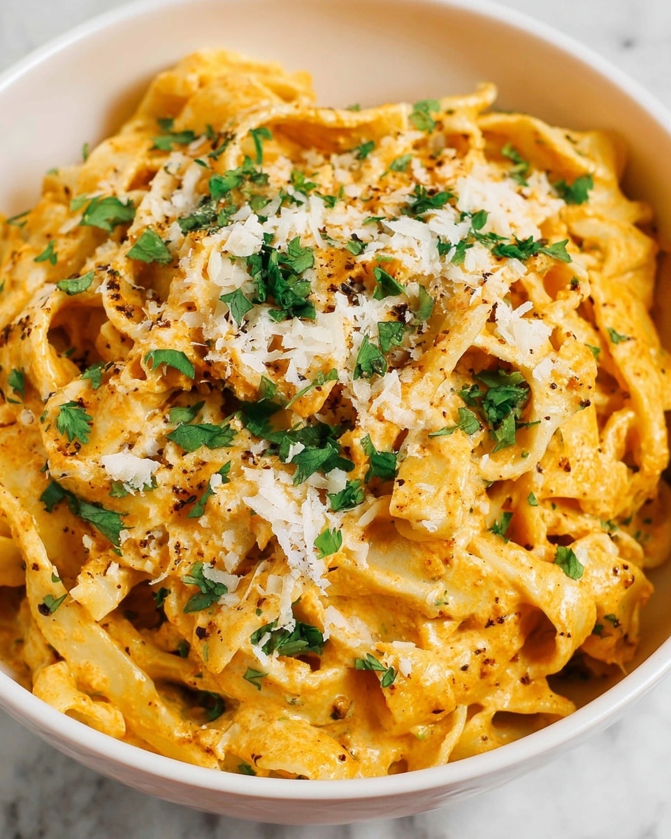 This image shows a close-up of creamy pasta in a white bowl placed on a white marbled surface. The pasta has multiple layers of flat, wide noodles that are coated in a thick, orange-yellow creamy sauce. On top of the pasta, there is a scattered sprinkle of finely grated white cheese and fresh green herb leaves, likely parsley, adding flecks of color. The texture appears rich and smooth, with the herbs and cheese providing some contrast and freshness to the dish. Photo taken with an iphone --ar 4:5 --v 7